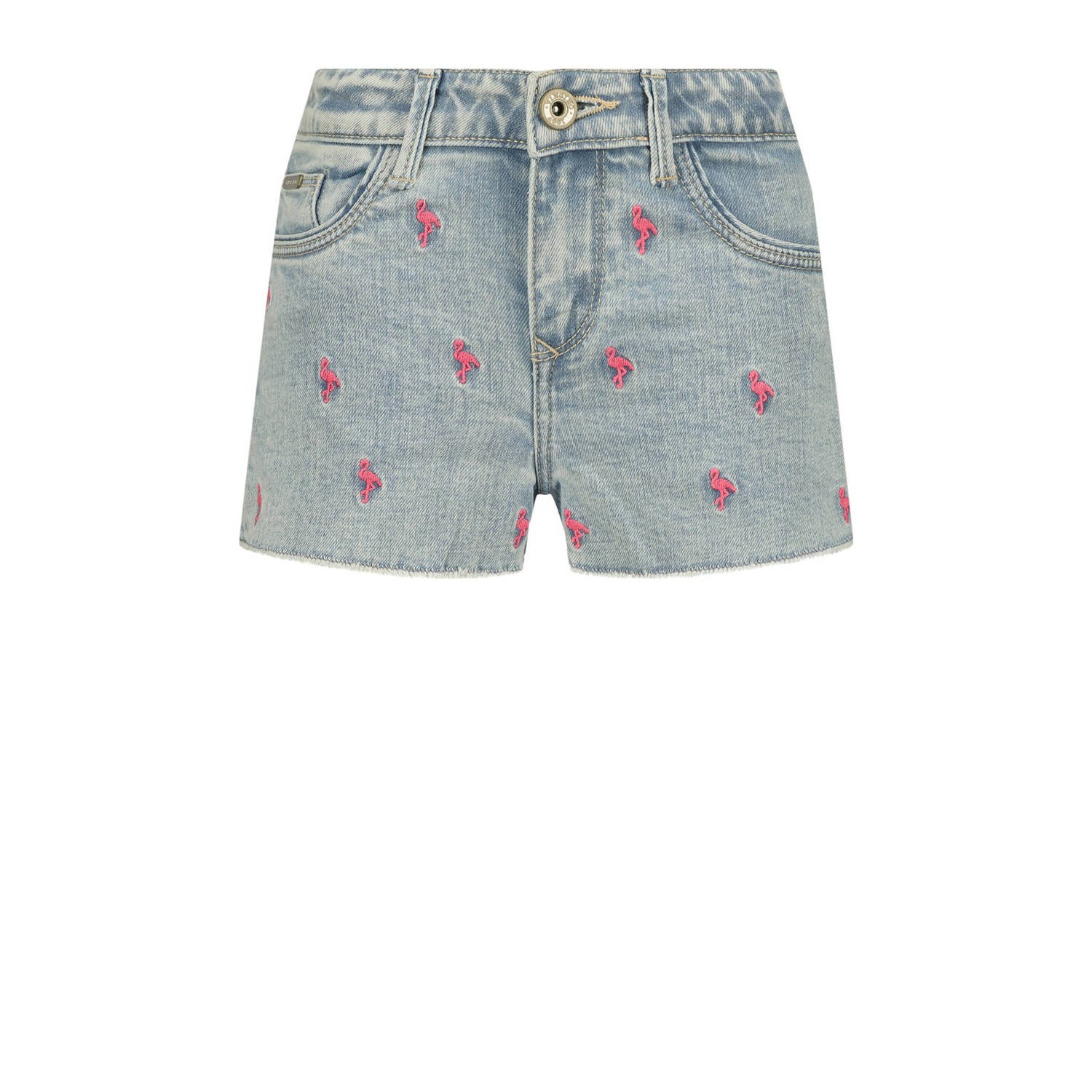 VINGINO denim short Dafina Flamingo met all over print light bleach Korte broek Blauw 128