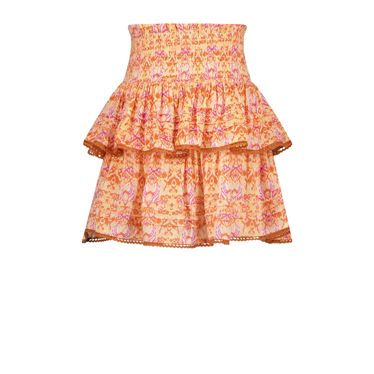 Vingino rok Qalice met all over print en plooien oranje roze geel