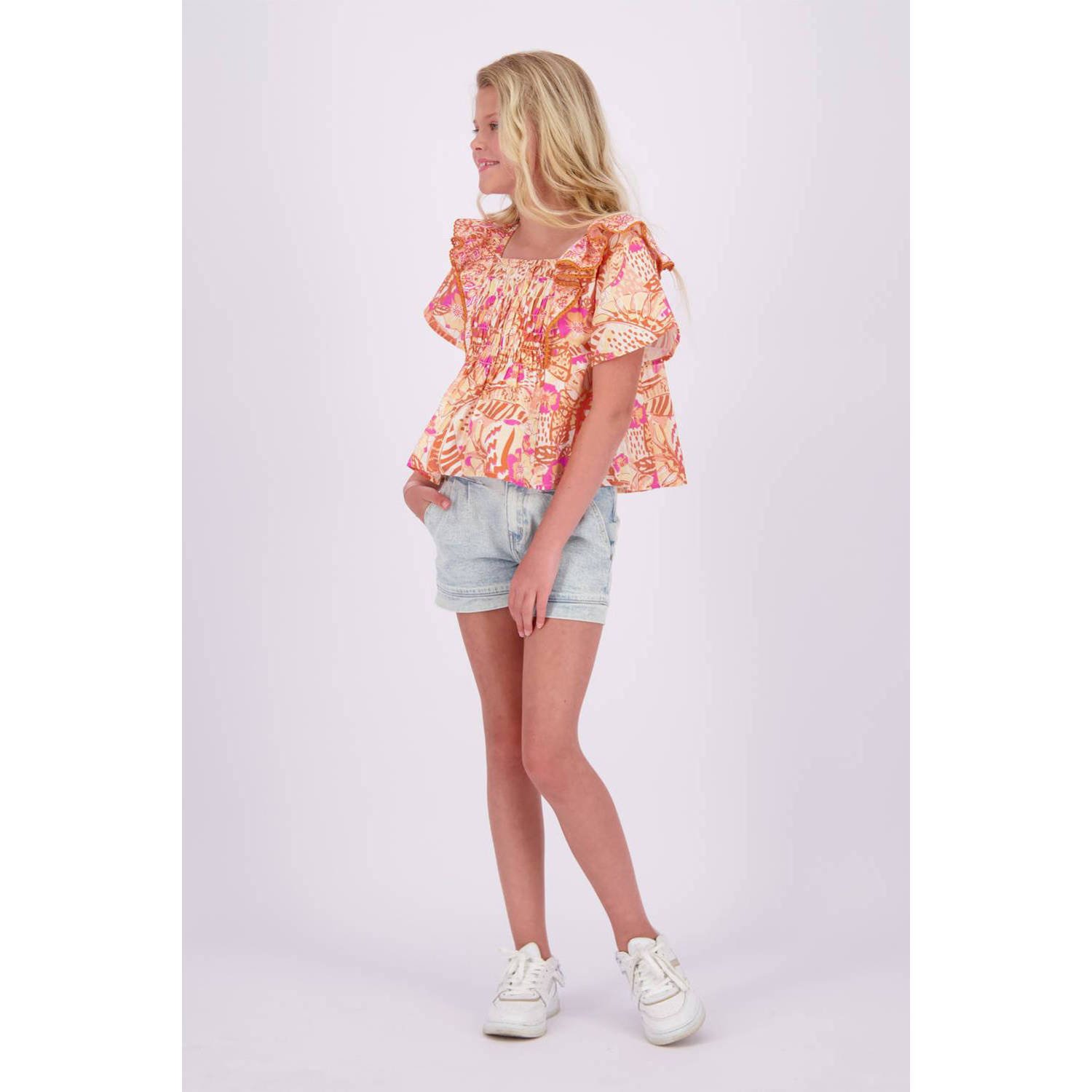 VINGINO top Lorance met all over print oranje roze geel Meisjes Katoen Vierkante hals 140