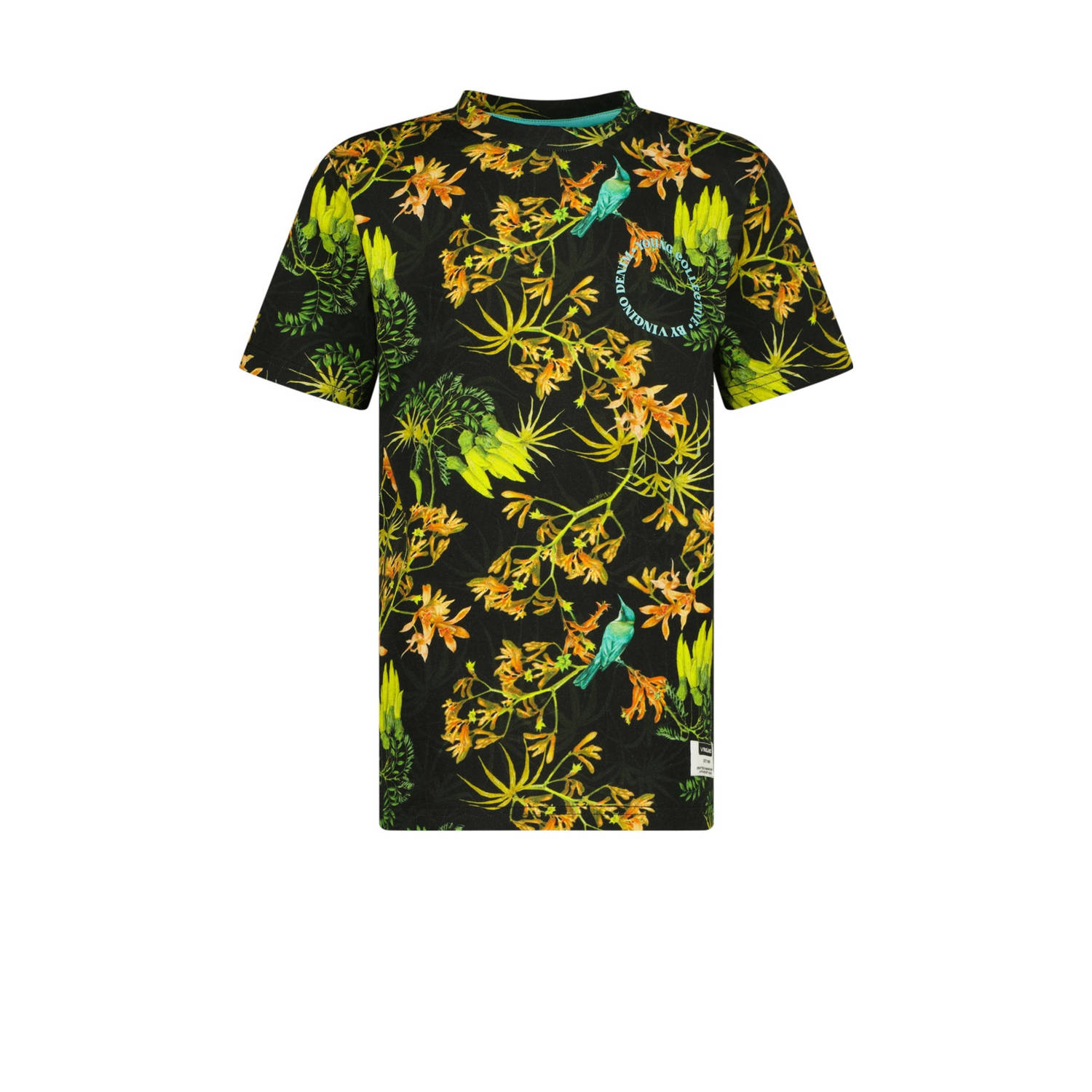 VINGINO T-shirt Jerro met all over print zwart neon geel oranje Jongens Katoen Ronde hals 152