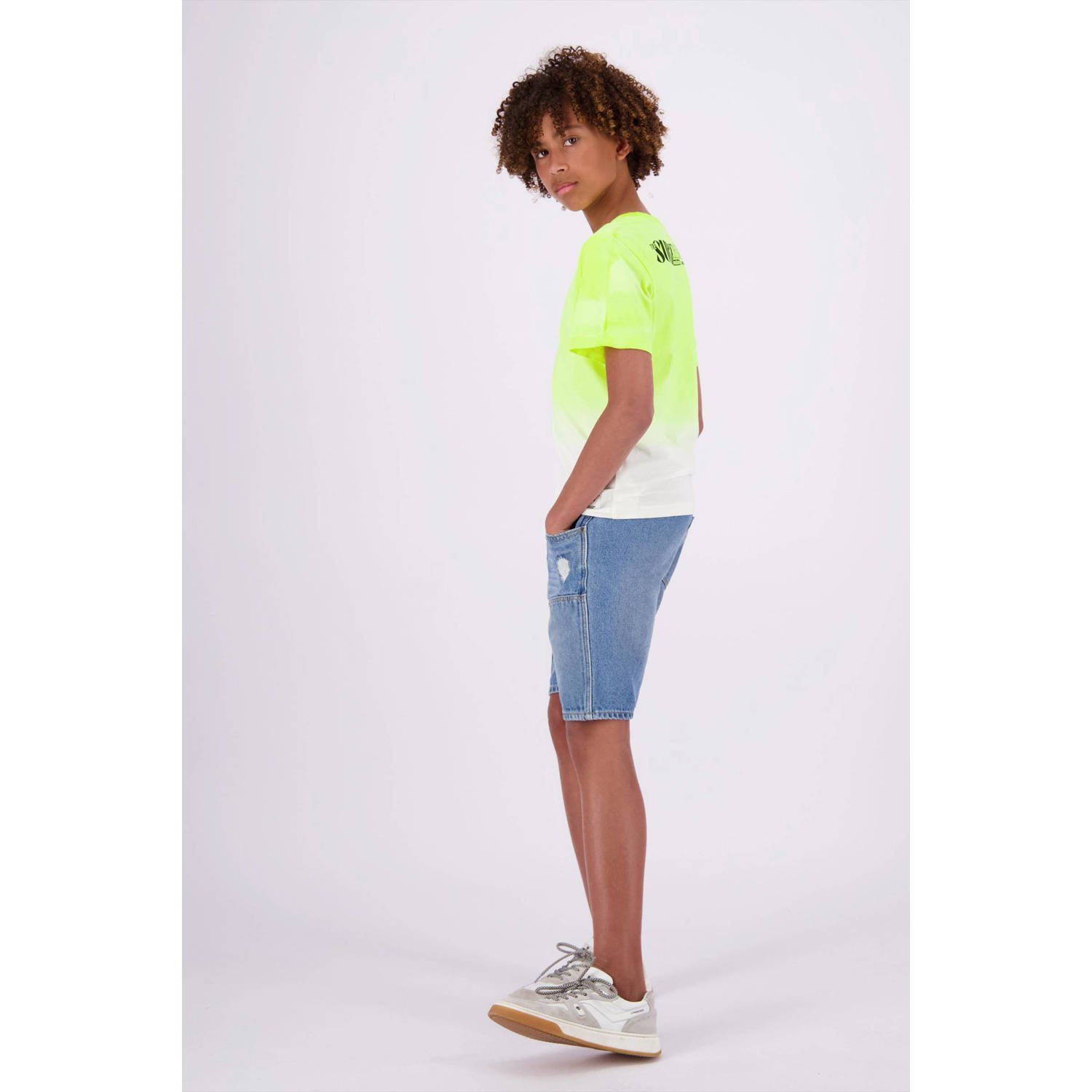Vingino T-shirt Hermo met backprint neon geel offwhite