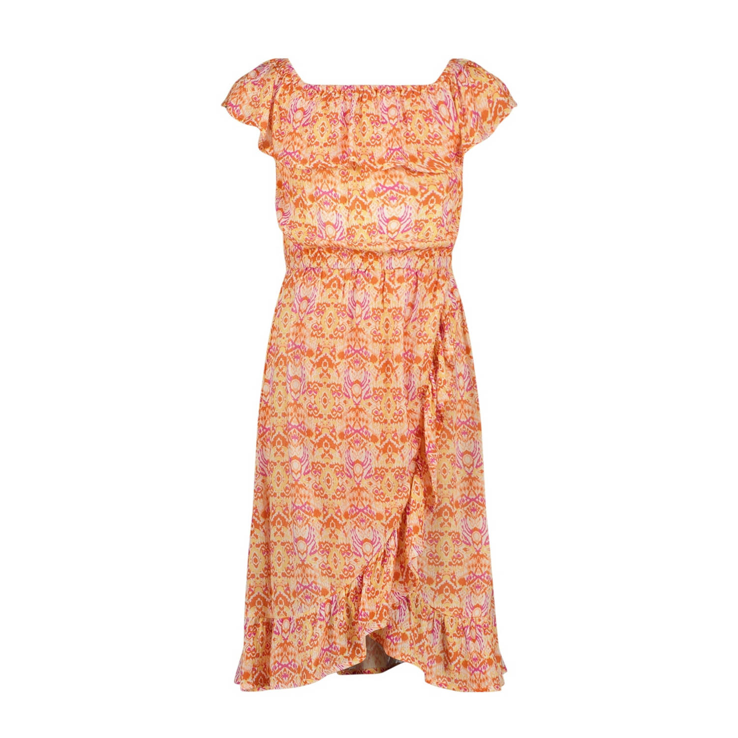 VINGINO off shoulder jurk Peninah met all over print en volant oranje roze geel 140