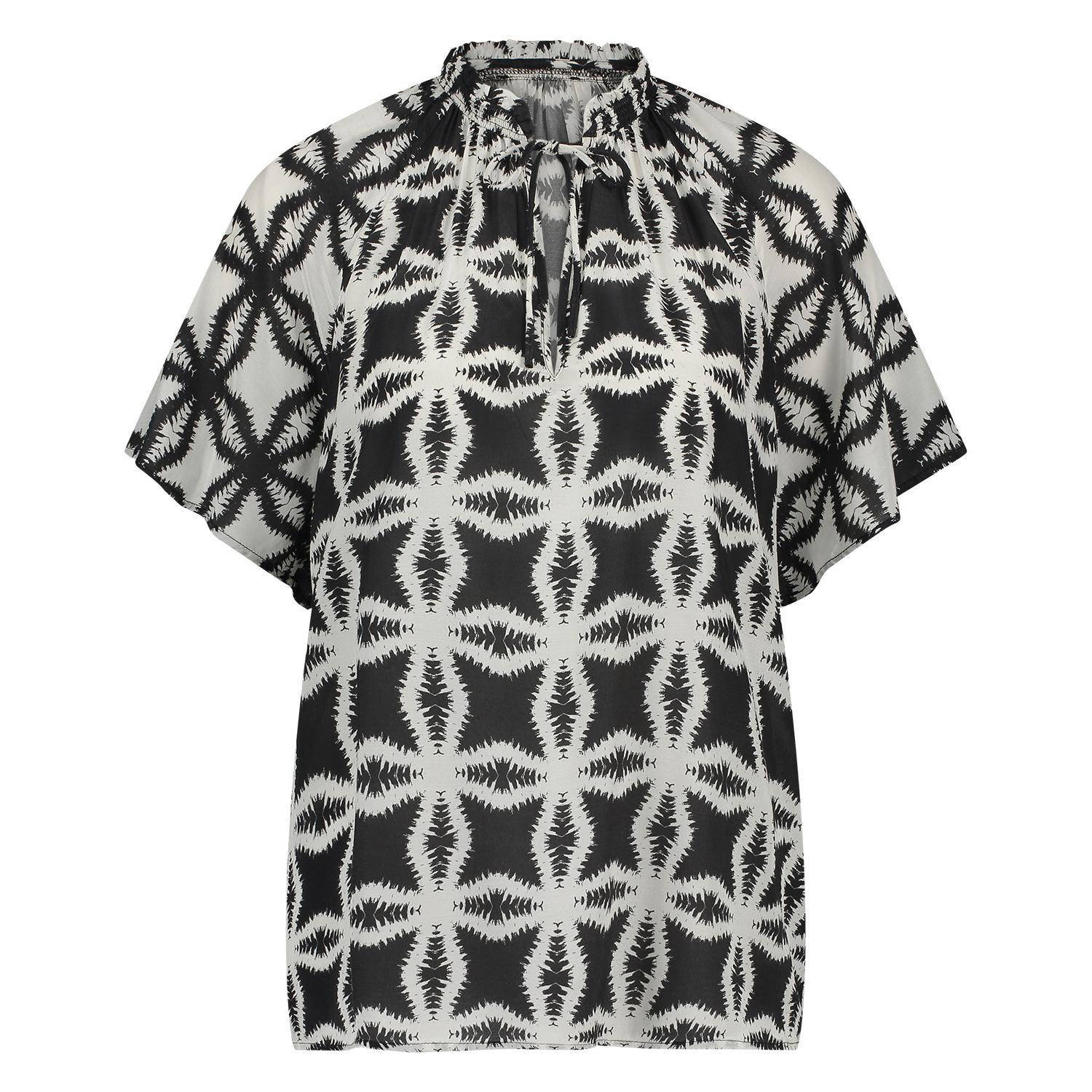 NUKUS blousetop Laila met all over print en ruches zwart ecru