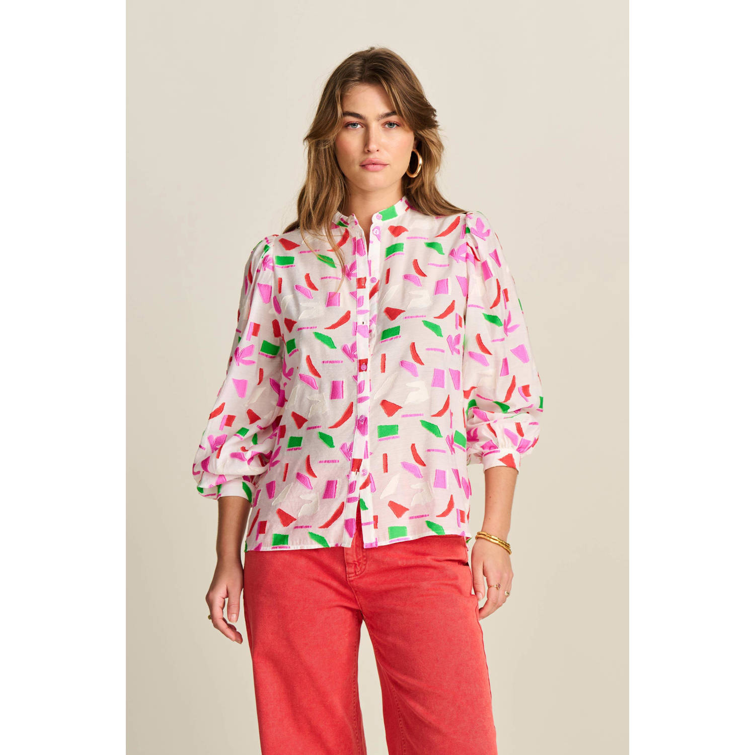 POM Amsterdam blouse met all over print en plooien wit roze groen