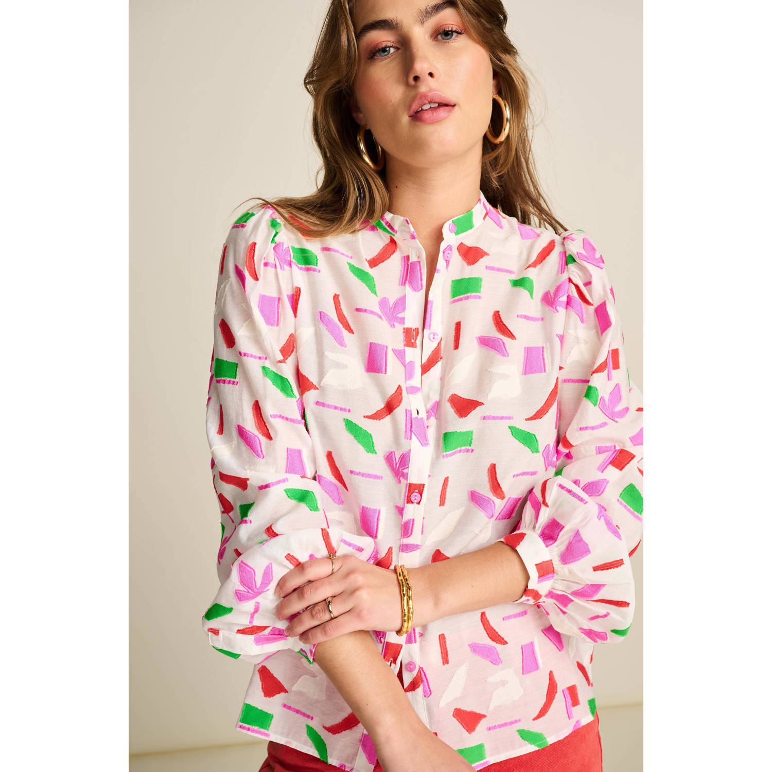POM Amsterdam blouse met all over print en plooien wit roze groen