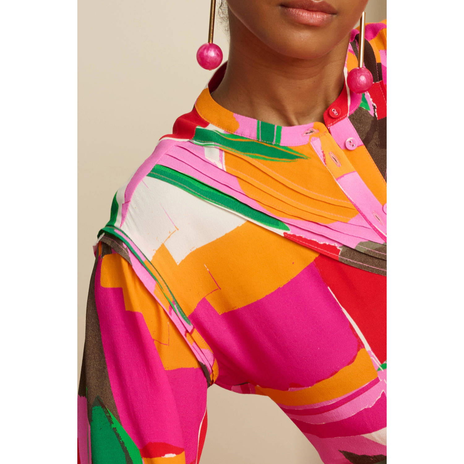 POM Amsterdam jurk met all over print en plooien roze oranje groen