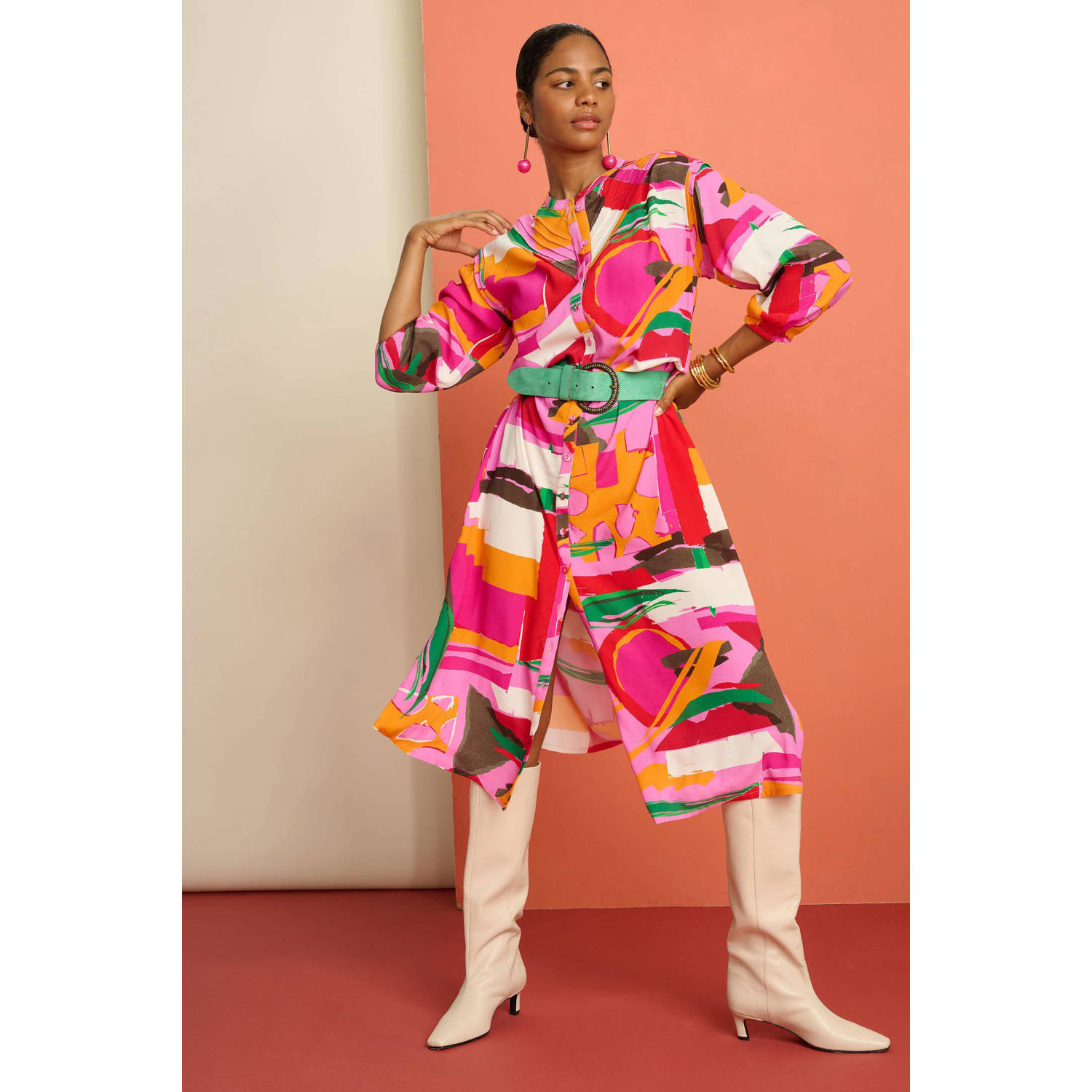 POM Amsterdam jurk met all over print en plooien roze oranje groen