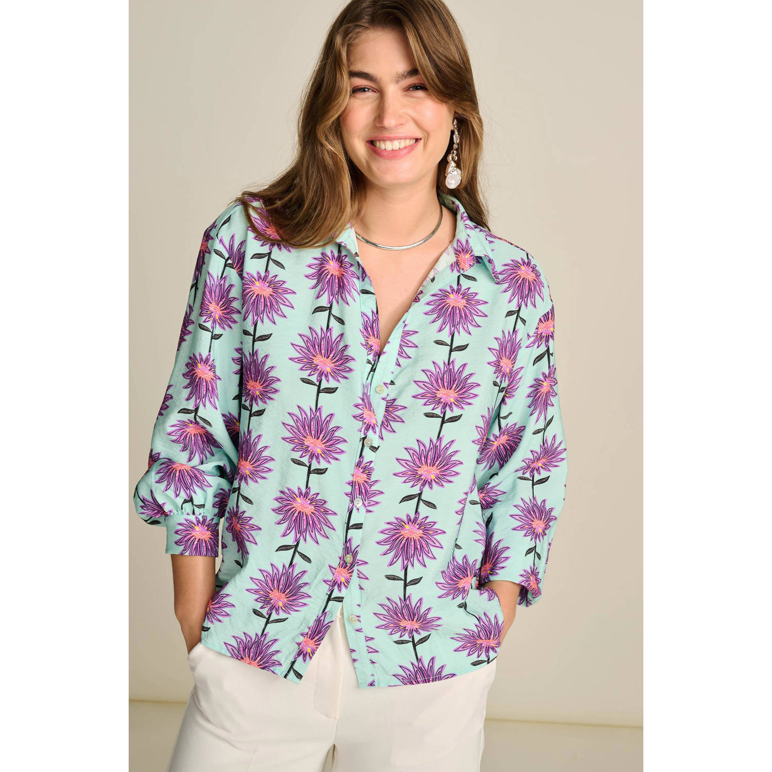 Pom Amsterdam Blouse met Lange Mouwen Violet Flower Aqua Blue Dames