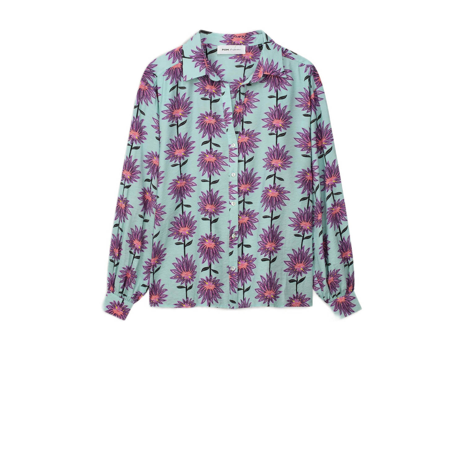 Pom Amsterdam Blouse met Lange Mouwen Violet Flower Aqua Blue Dames