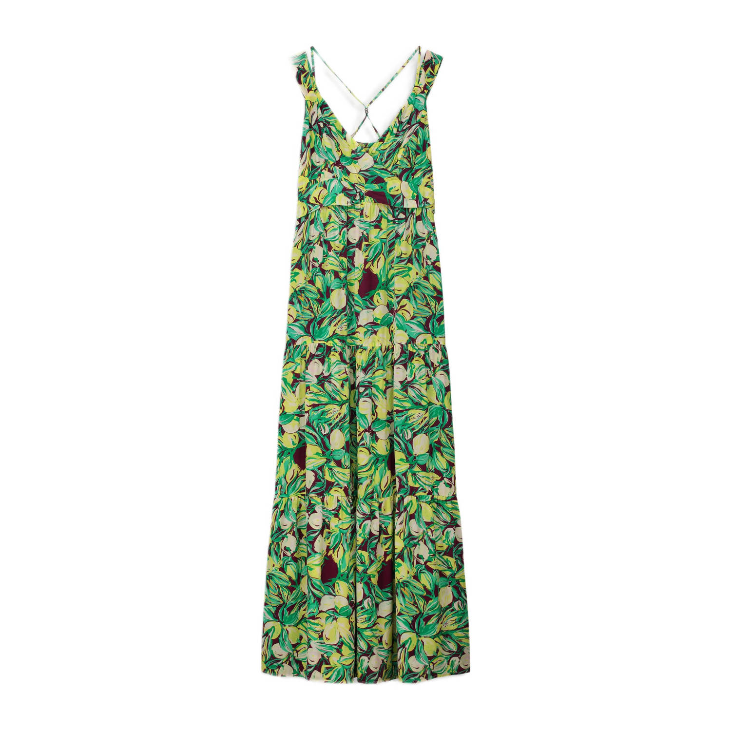 POM Amsterdam maxi jurk met all over print met open rug groen geel