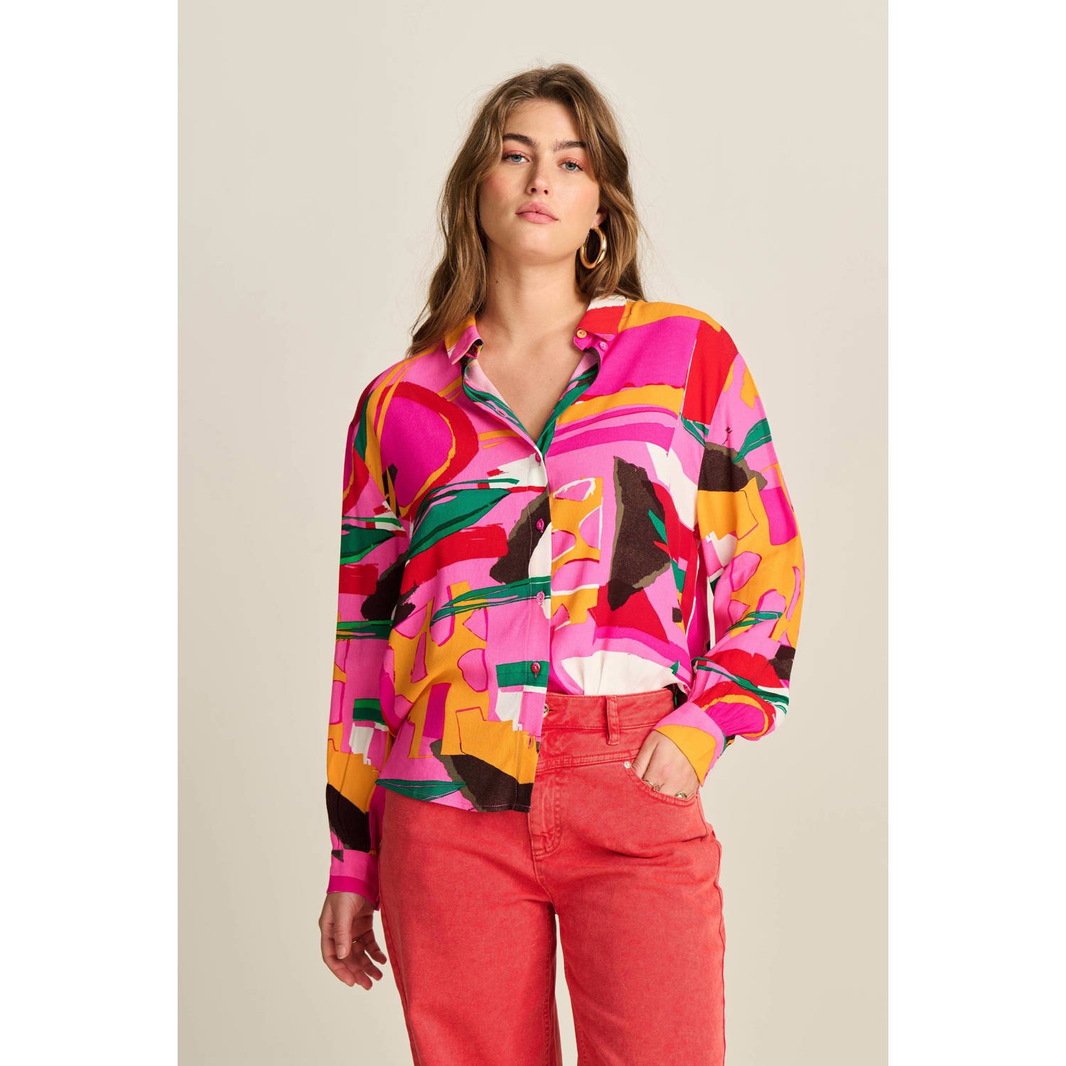 POM Amsterdam blouse met all over print roze oranje groen