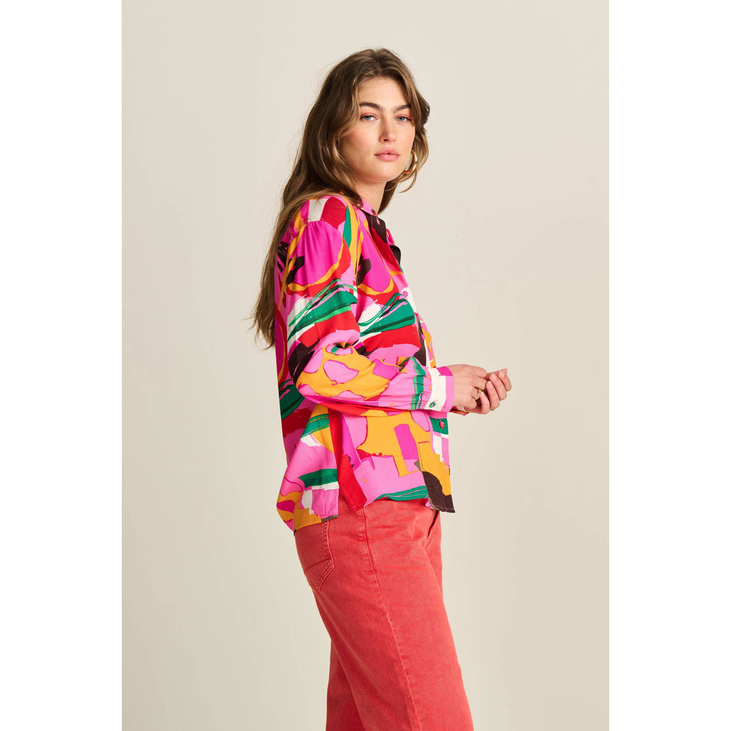 POM Amsterdam blouse met all over print roze oranje groen