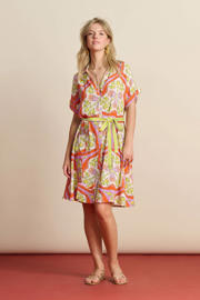 thumbnail: Multikleurige dames POM Amsterdam jurk met ceintuur van viscose met korte mouwen, V-hals en knoopsluiting