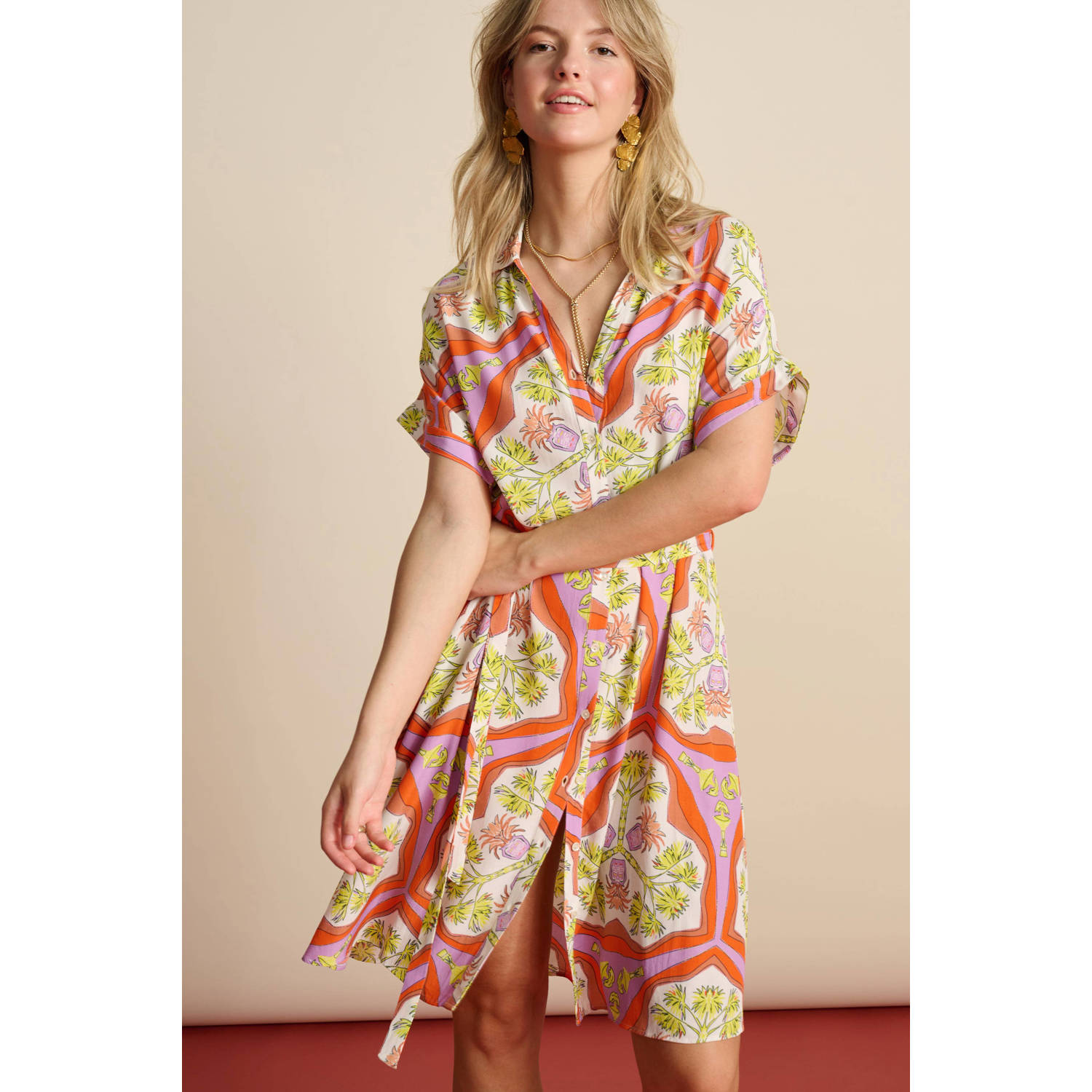 POM Amsterdam jurk met all over print en ceintuur multi