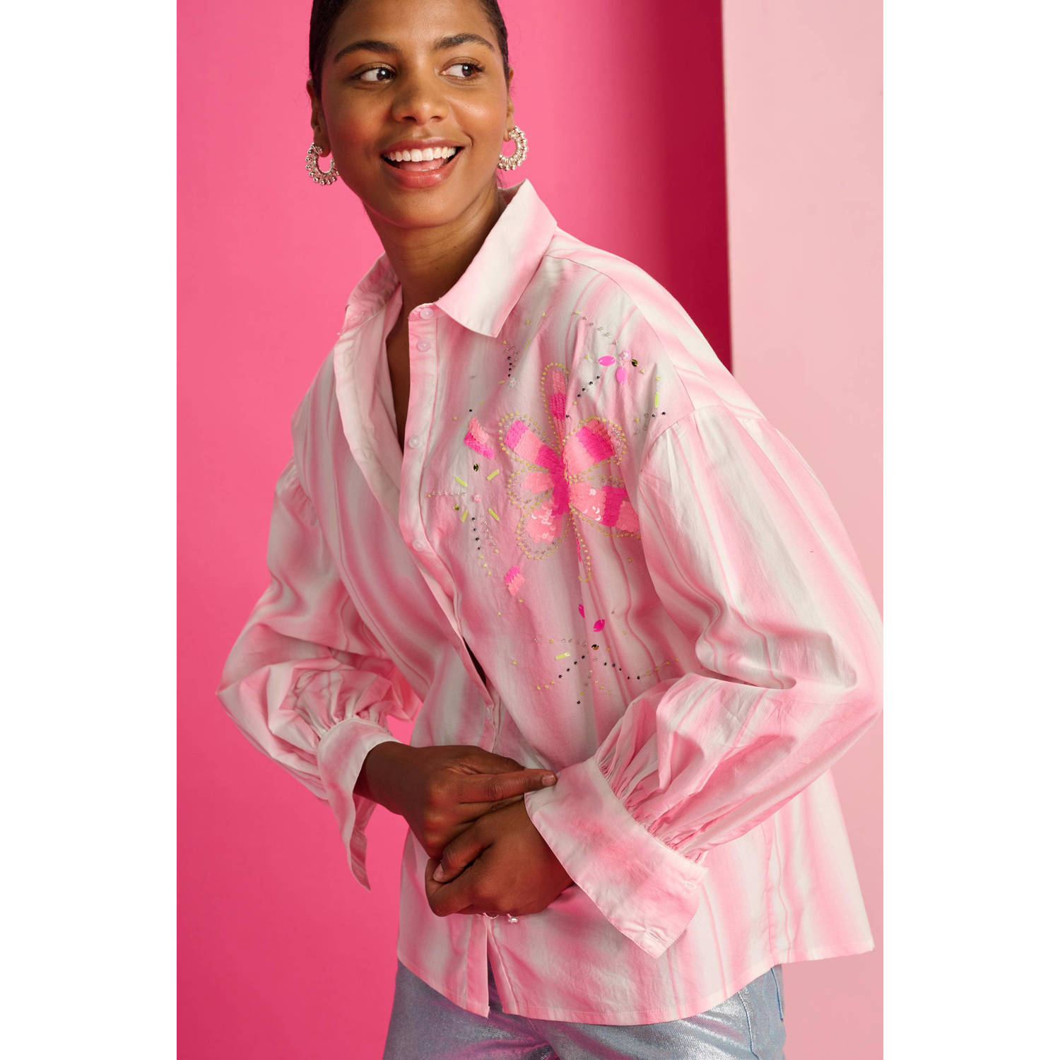 POM Amsterdam gestreepte blouse roze wit