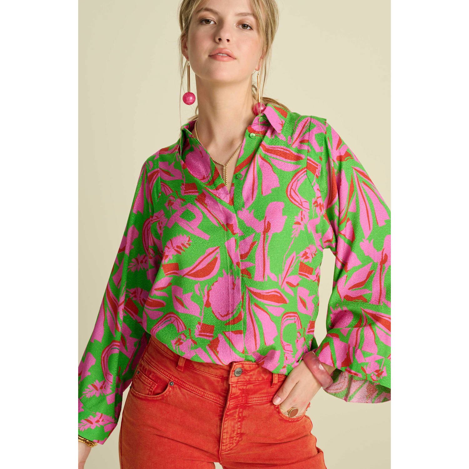 POM Amsterdam blouse met all over print groen roze
