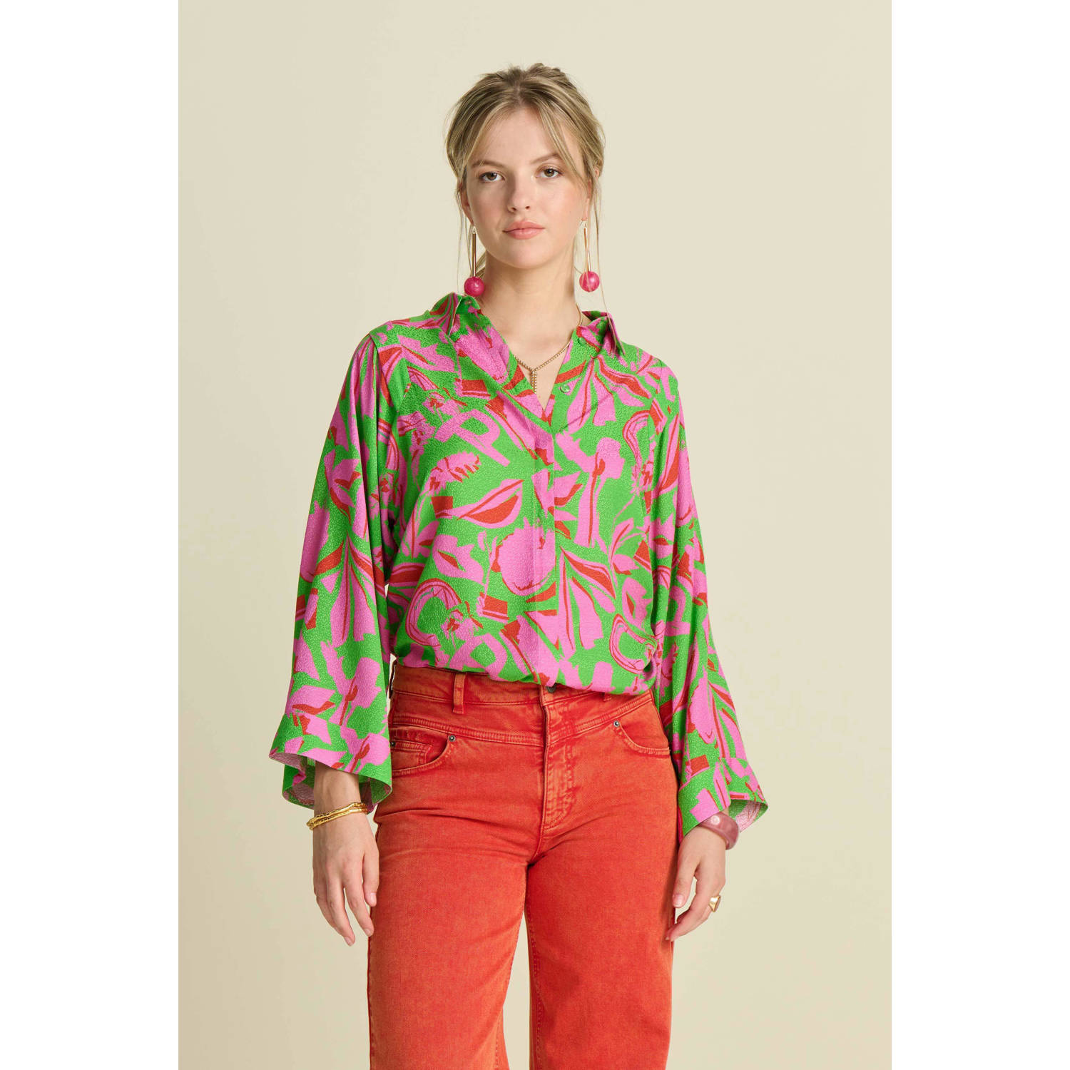POM Amsterdam blouse met all over print groen roze
