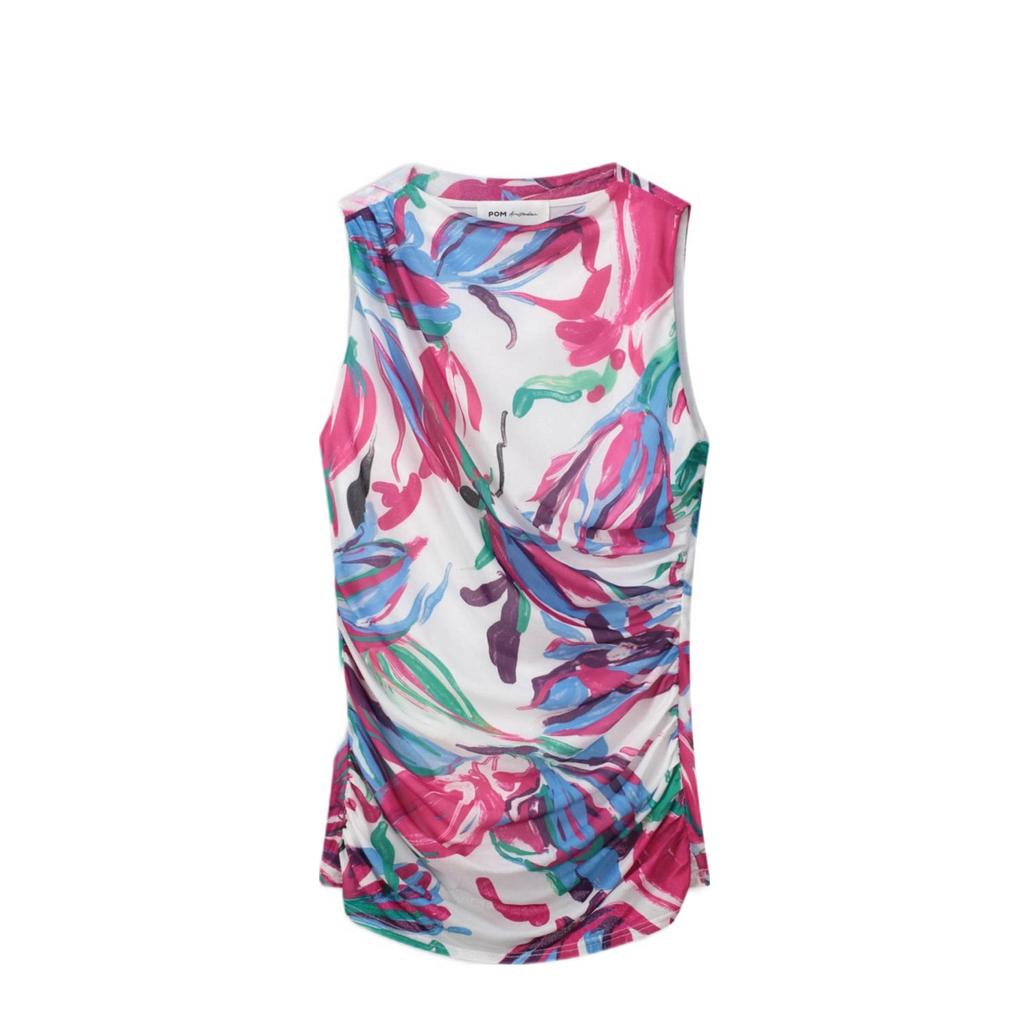 POM Amsterdam haltertop met all over print en plooien roze blauw groen