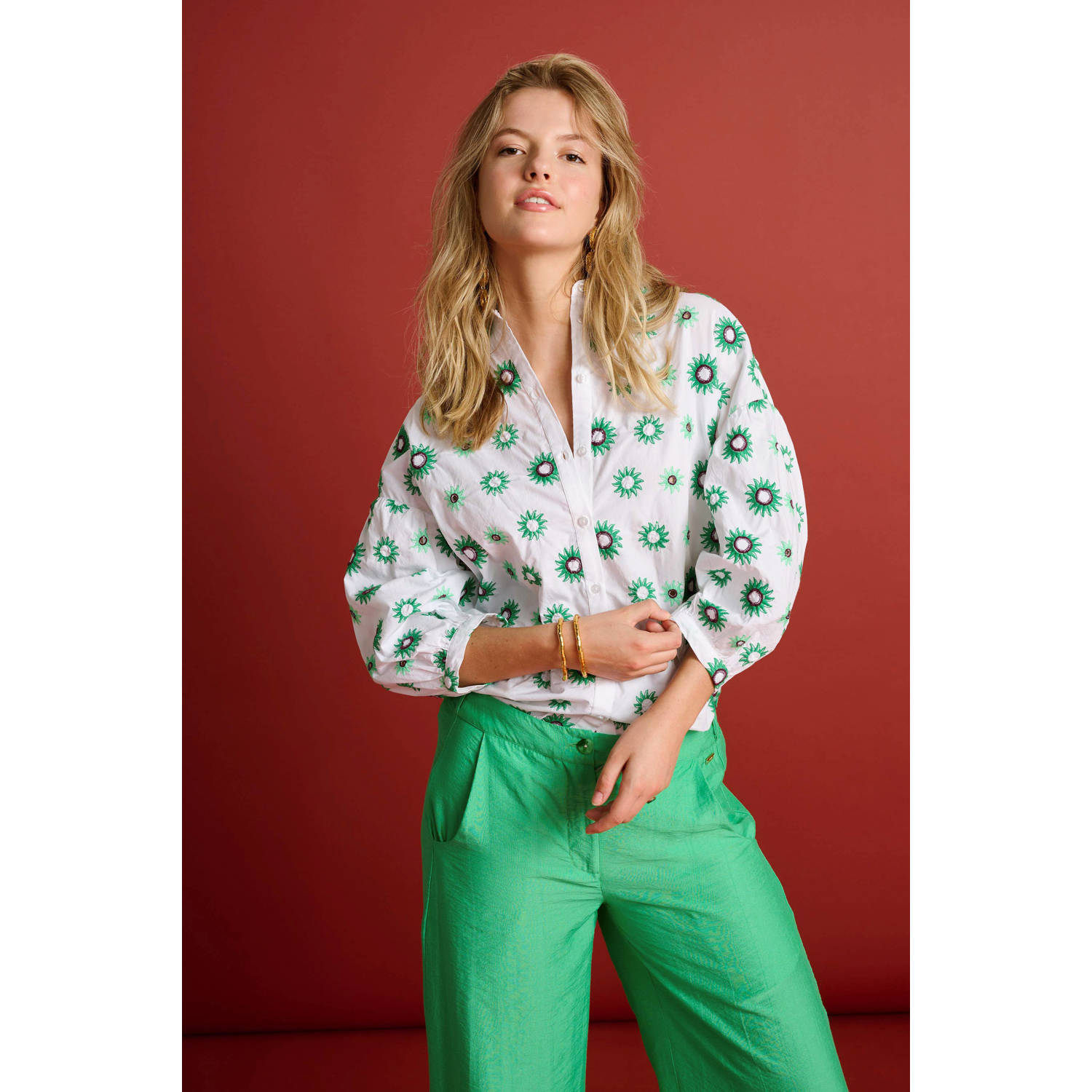 POM Amsterdam blouse met all over print wit groen