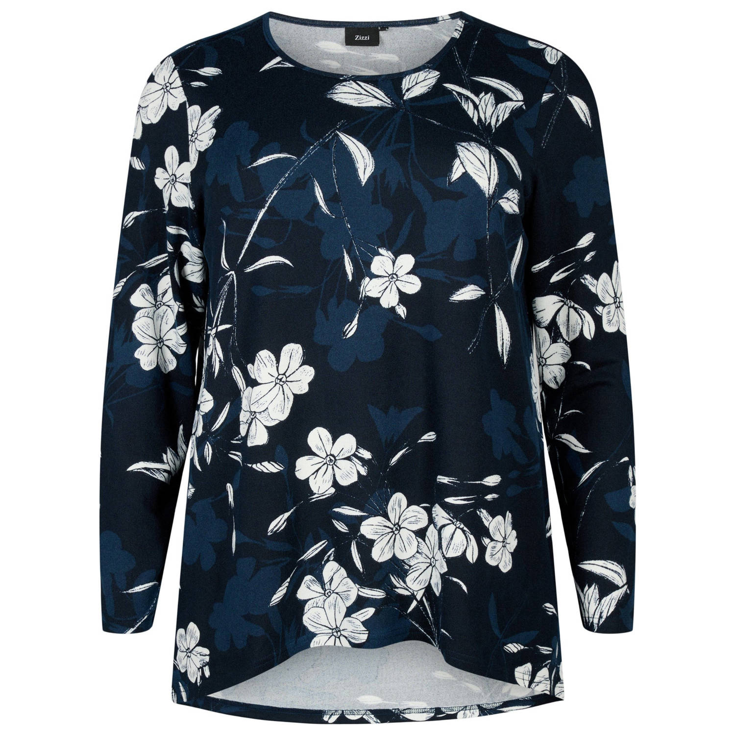 Zizzi gebloemde top van gerecycled polyester donkerblauw blauw wit