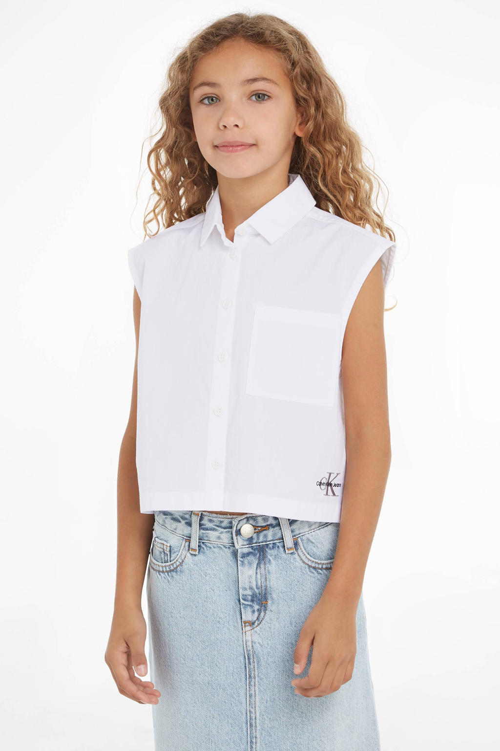 Witte meisjes Calvin Klein blouse van katoen met effen, klassieke kraag en knoopsluiting