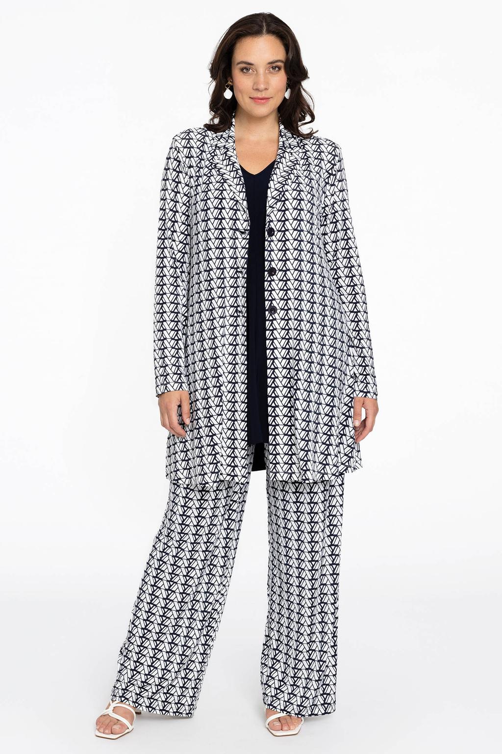 YOEK rechtvallende blazer DOLCE met all over print ecru/marineblauw/wit