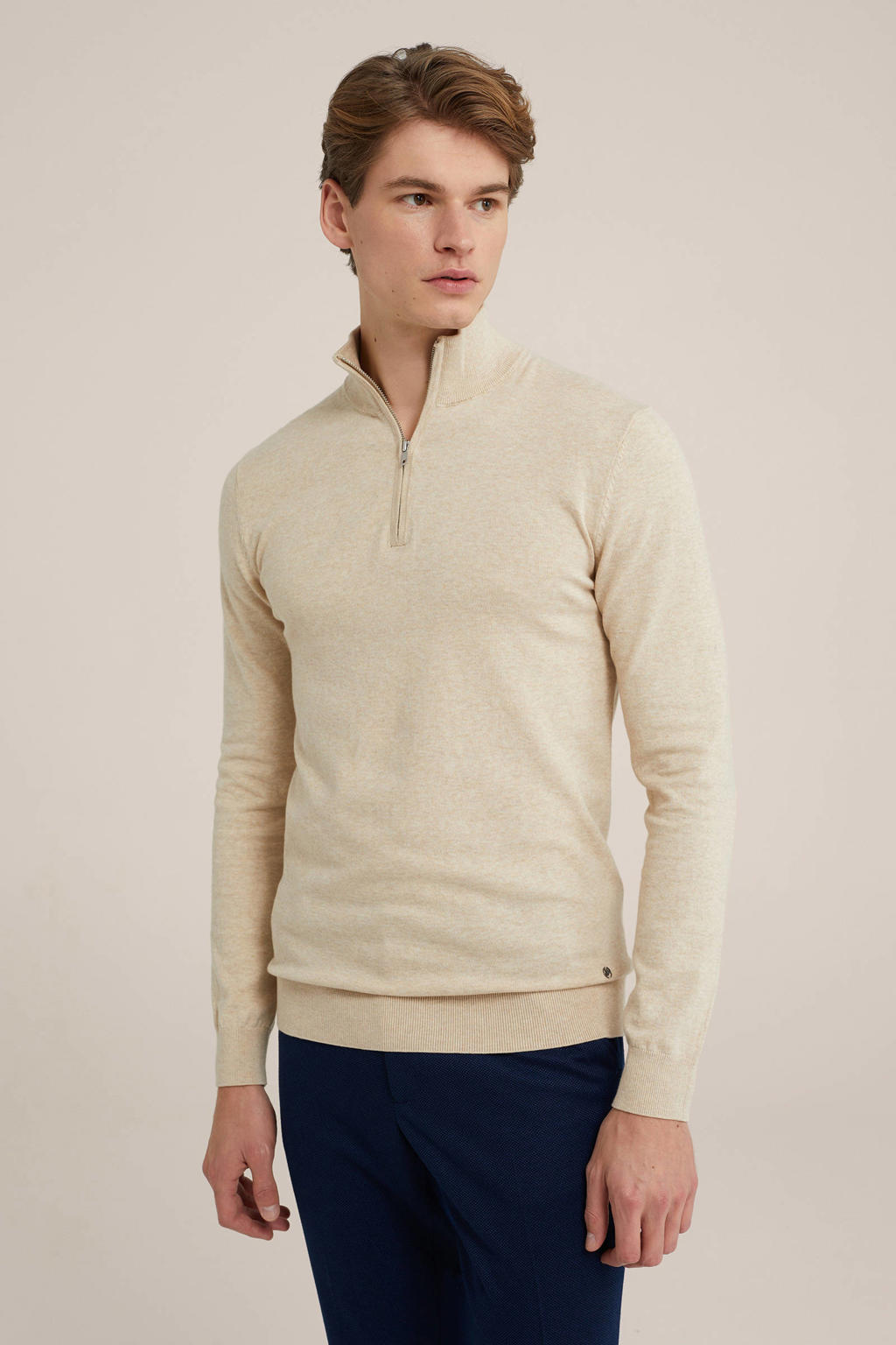 Beige heren WE Fashion trui Casper soft van katoen met lange mouwen, opstaande kraag en halve rits