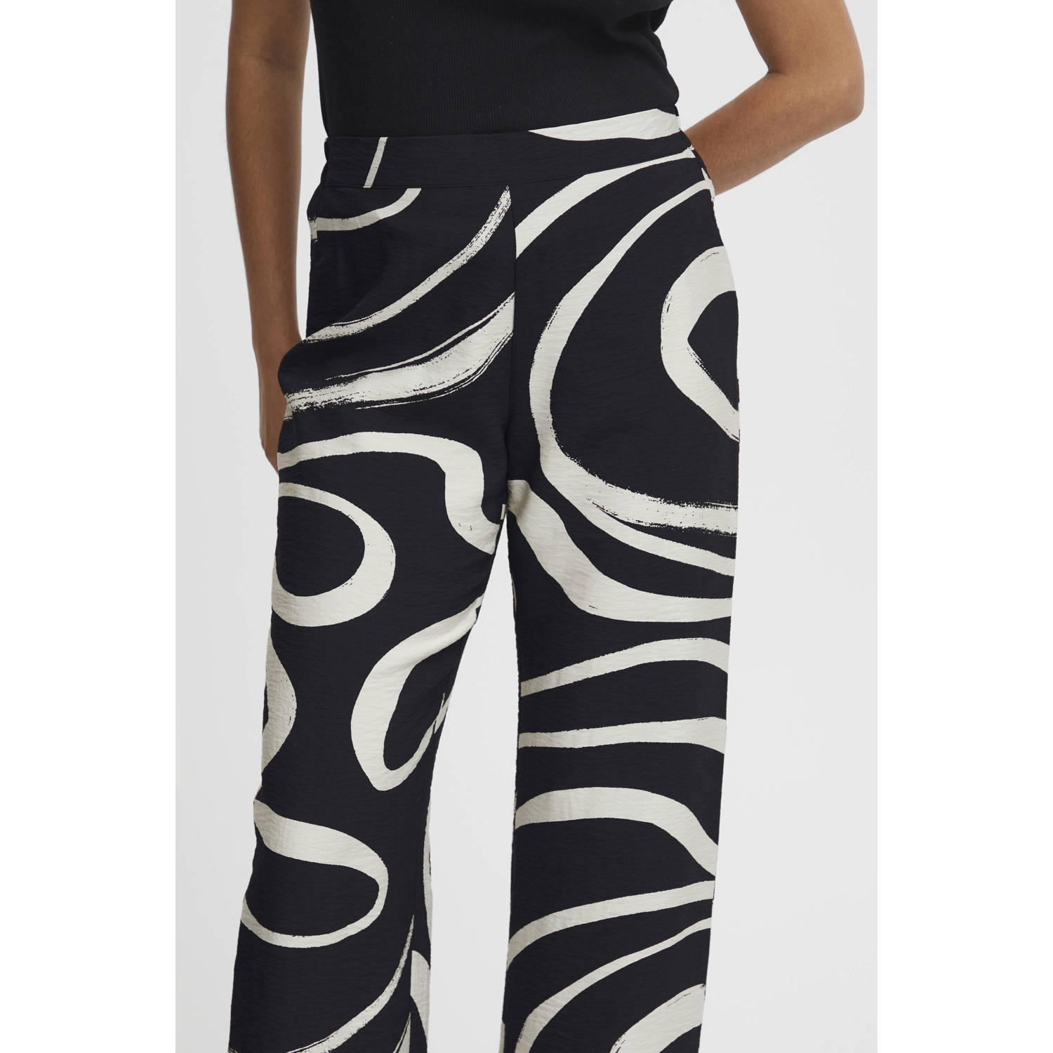 B.Young straight fit pantalon BYIBINE met all over print zwart wit