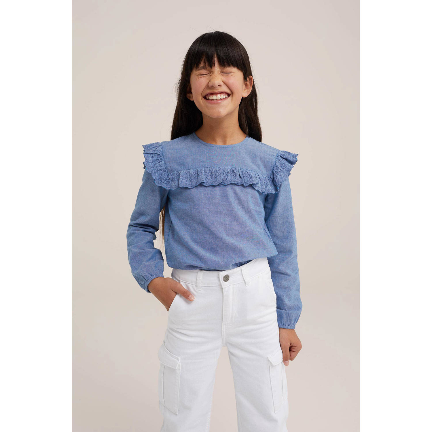 WE Fashion Blue Ridge top met borduursels blauw