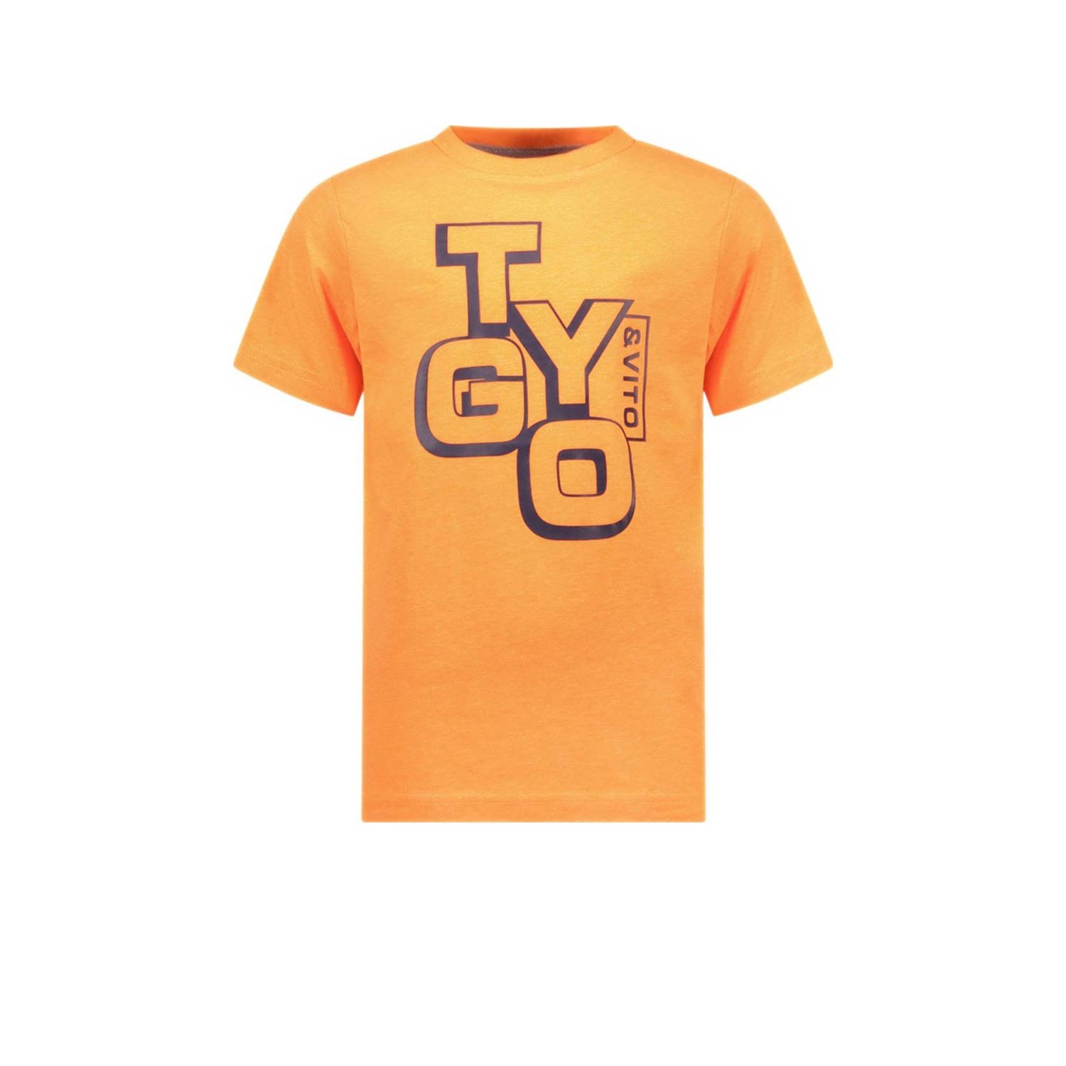 TYGO & vito T-shirt James met printopdruk neon oranje Jongens Polyester Ronde hals 134 140