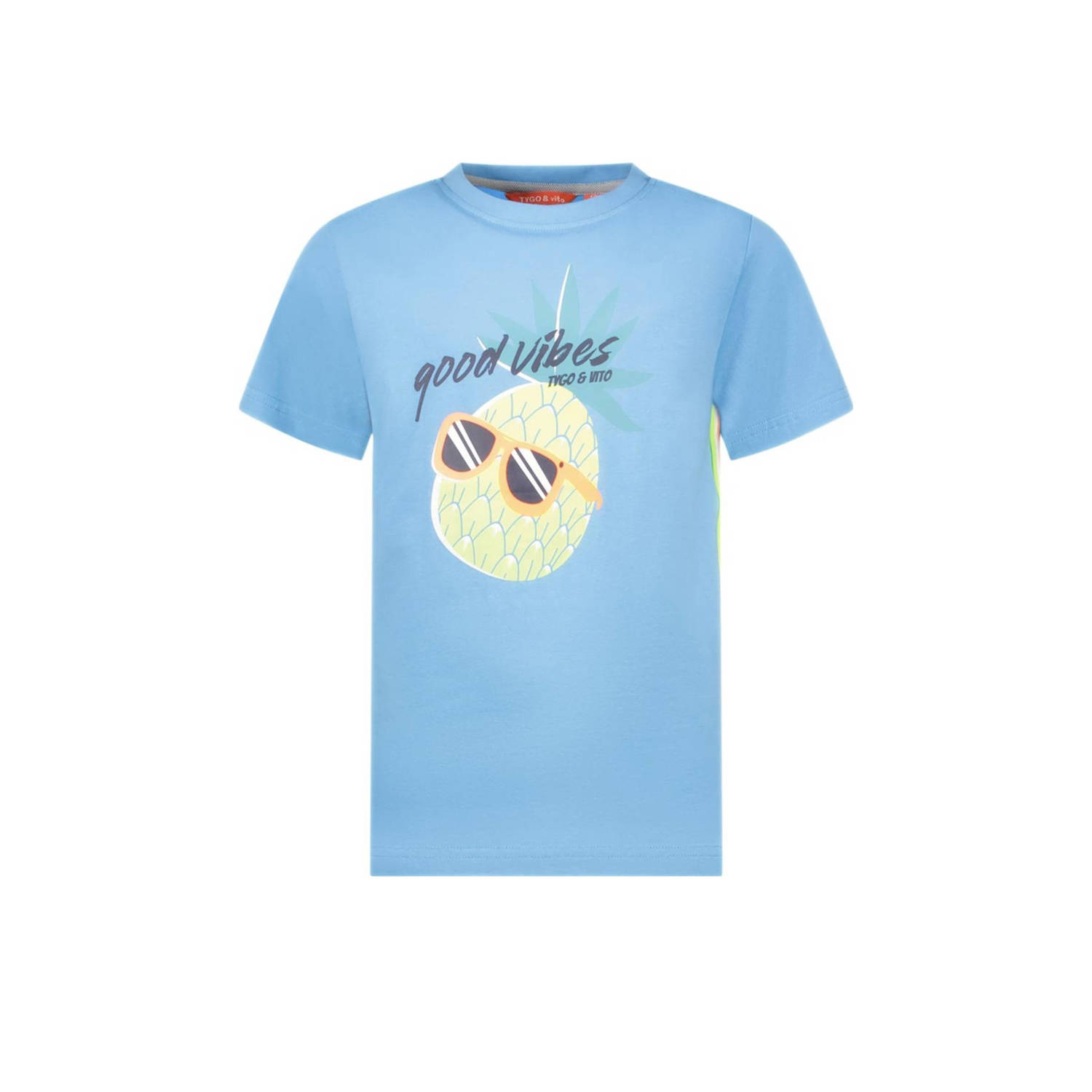 TYGO & vito T-shirt Wessel met contrastbies helderblauw Jongens Stretchkatoen Ronde hals 122 128