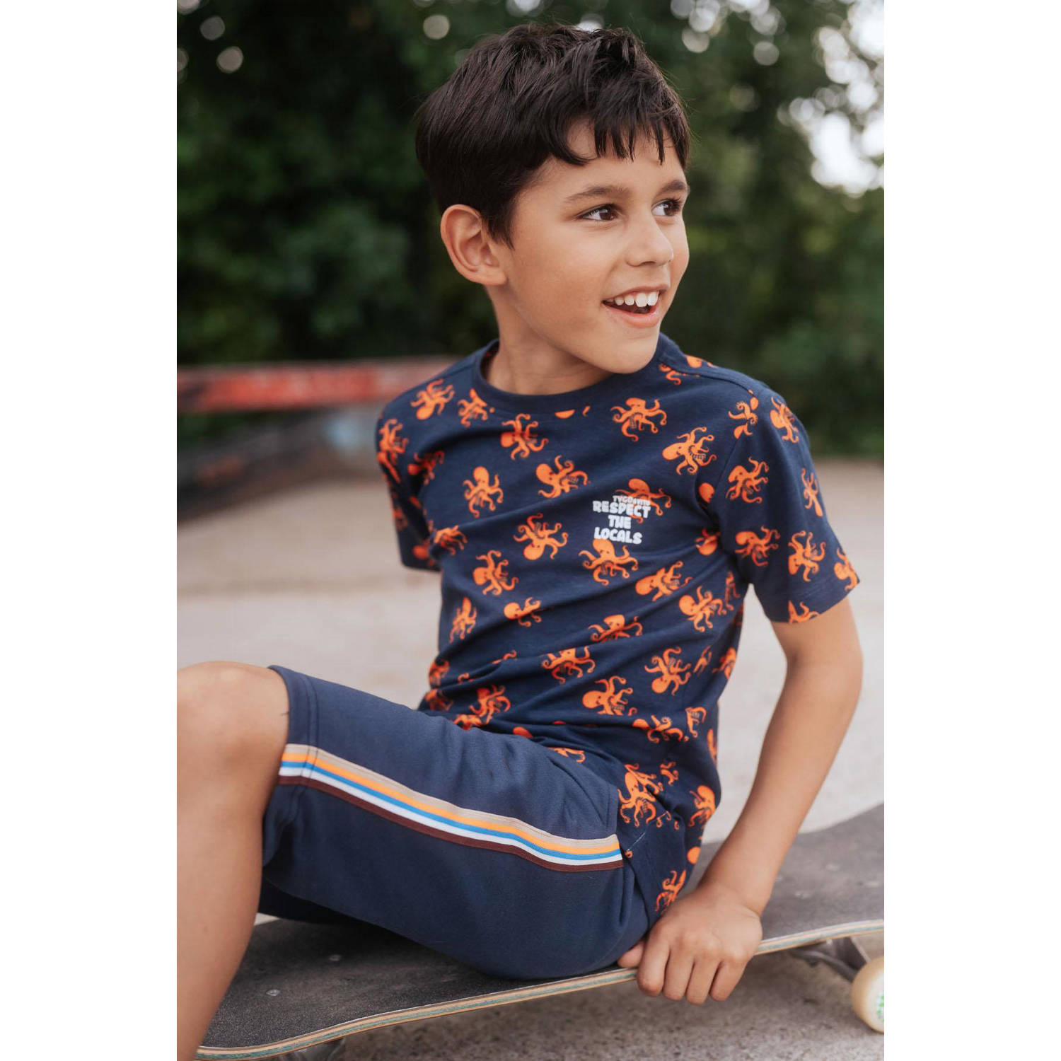 TYGO & vito T-shirt Thijs met all over print donkerblauw oranje