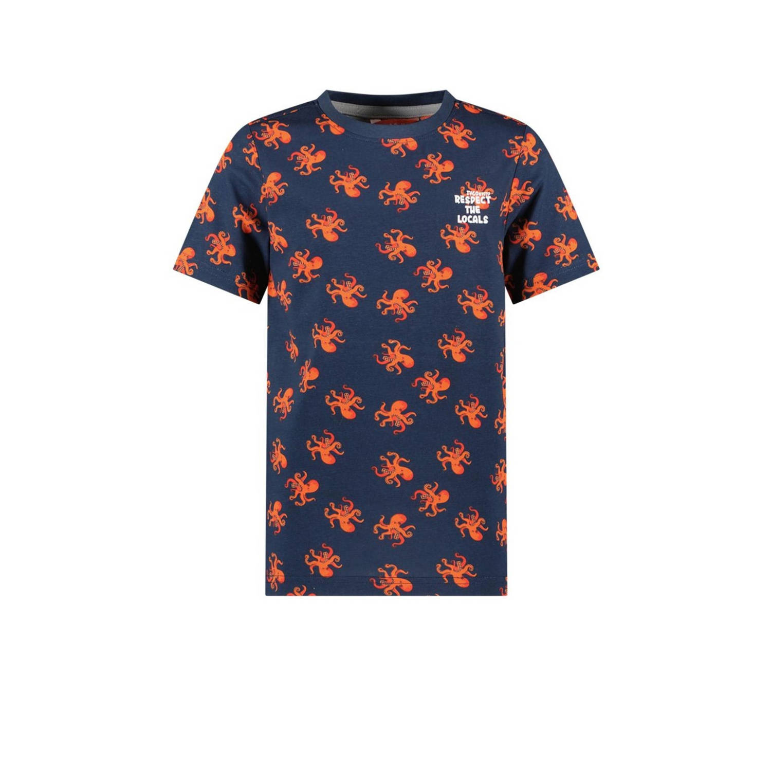 TYGO & vito T-shirt Thijs met all over print donkerblauw oranje Jongens Biologisch katoen Ronde hals 92