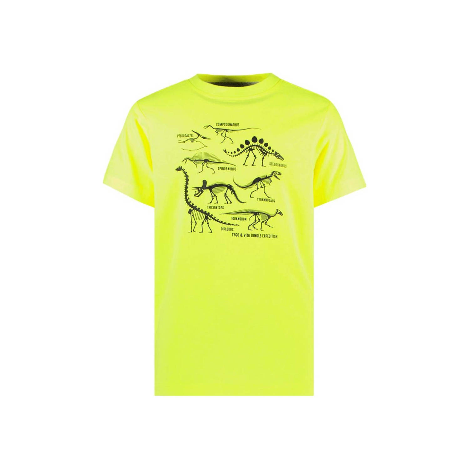 TYGO & vito T-shirt James met printopdruk neongeel Jongens Katoen Ronde hals 134 140
