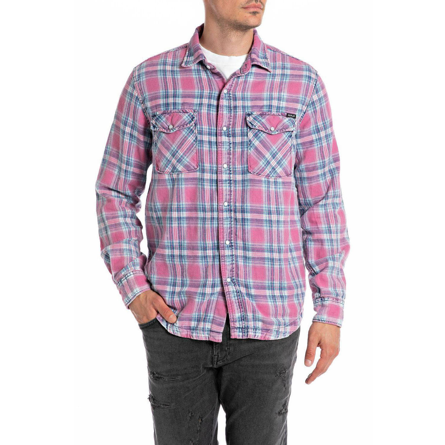 REPLAY regular fit overhemd met all over print pink indigo blue