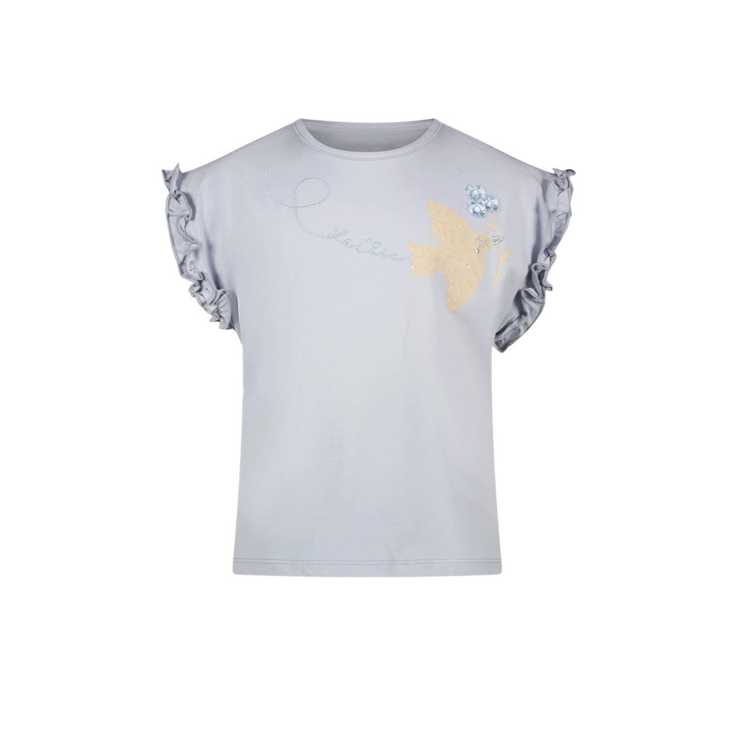 Le Chic T-shirt NOPALY met printopdruk en ruches lichtblauw Meisjes Stretchkatoen Ronde hals 152