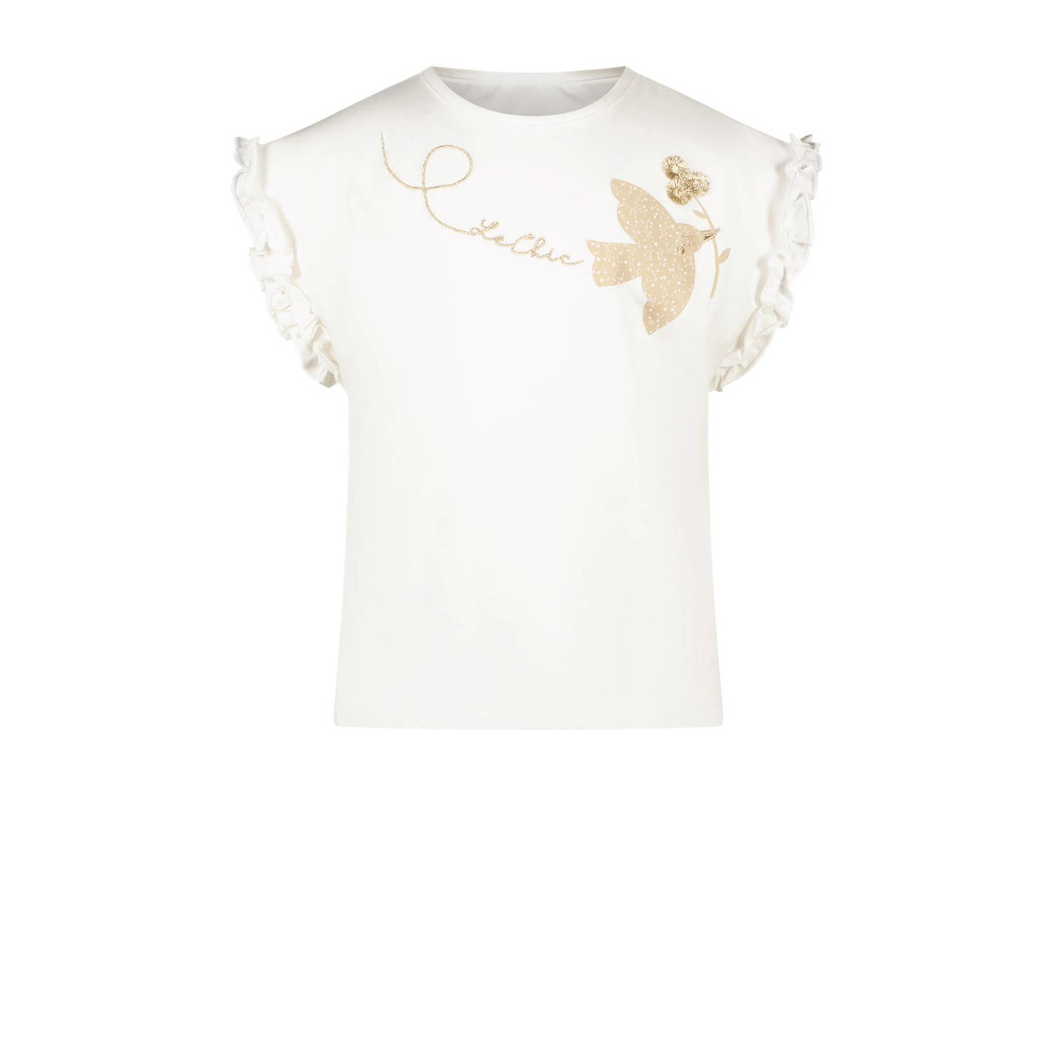 Le Chic T-shirt NOPALY met printopdruk en ruches wit Meisjes Stretchkatoen Ronde hals 104