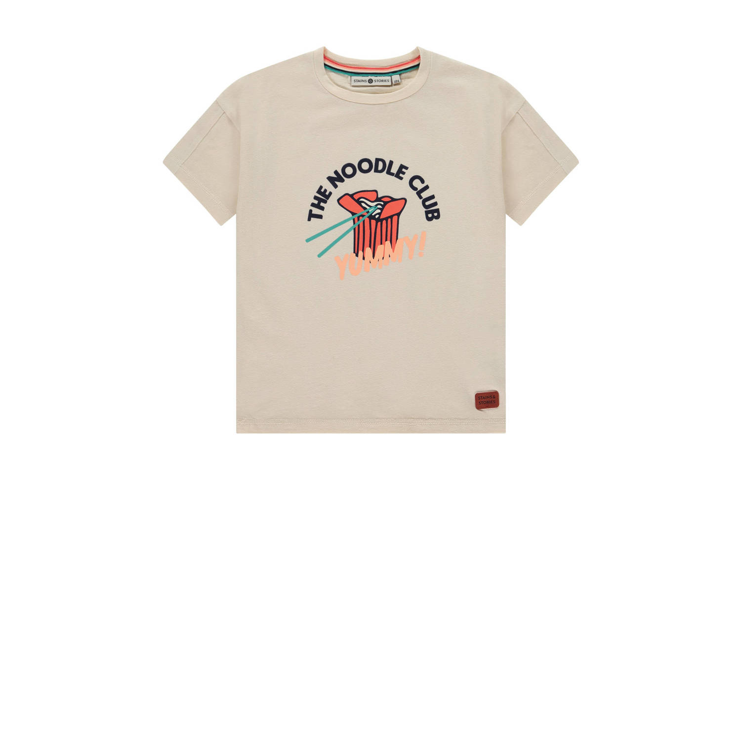 Stains&Stories T-shirt met printopdruk ecru oranje zwart Jongens Biologisch katoen Ronde hals 128