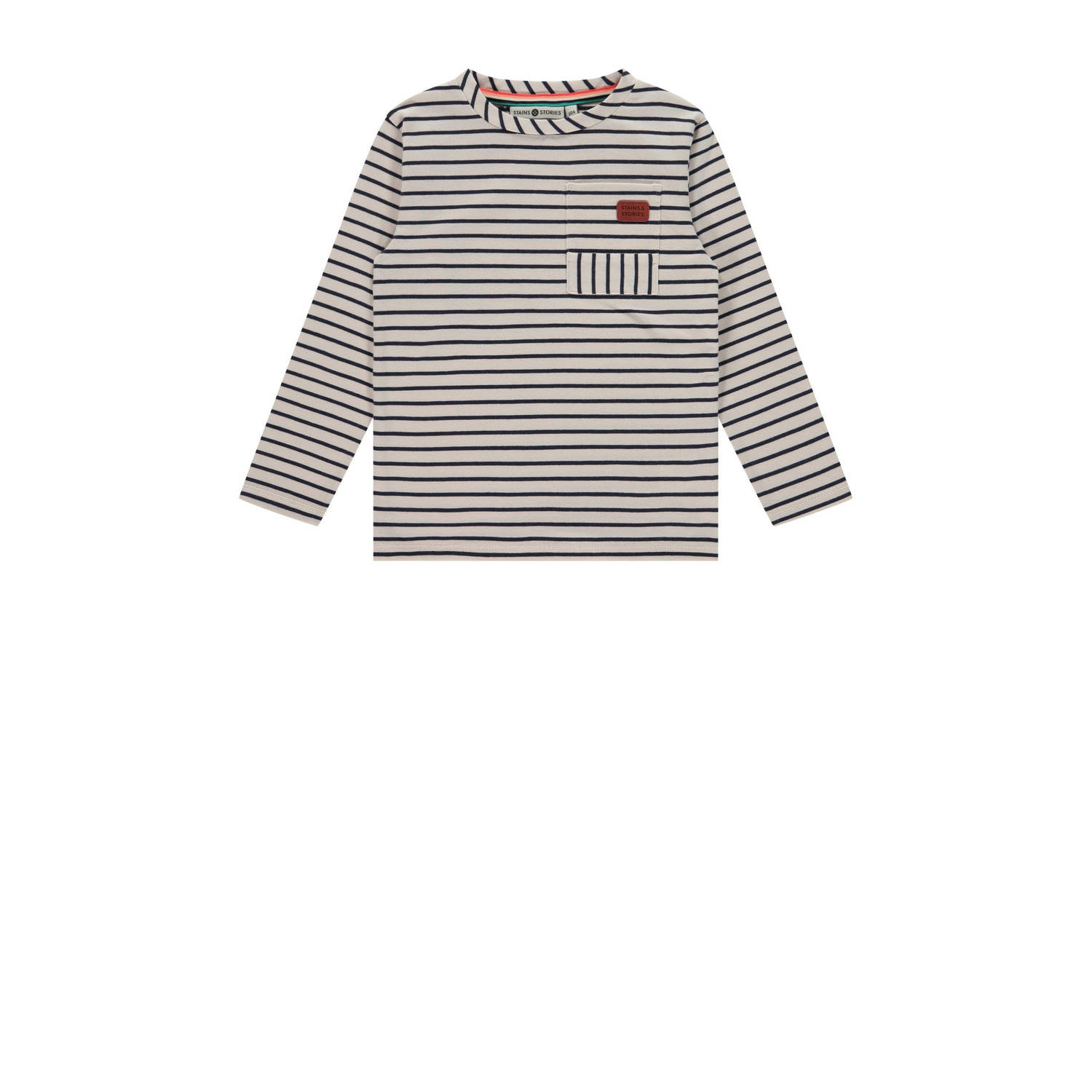 Stains&Stories gestreepte longsleeve beige donkerblauw Jongens Biologisch katoen Ronde hals 104