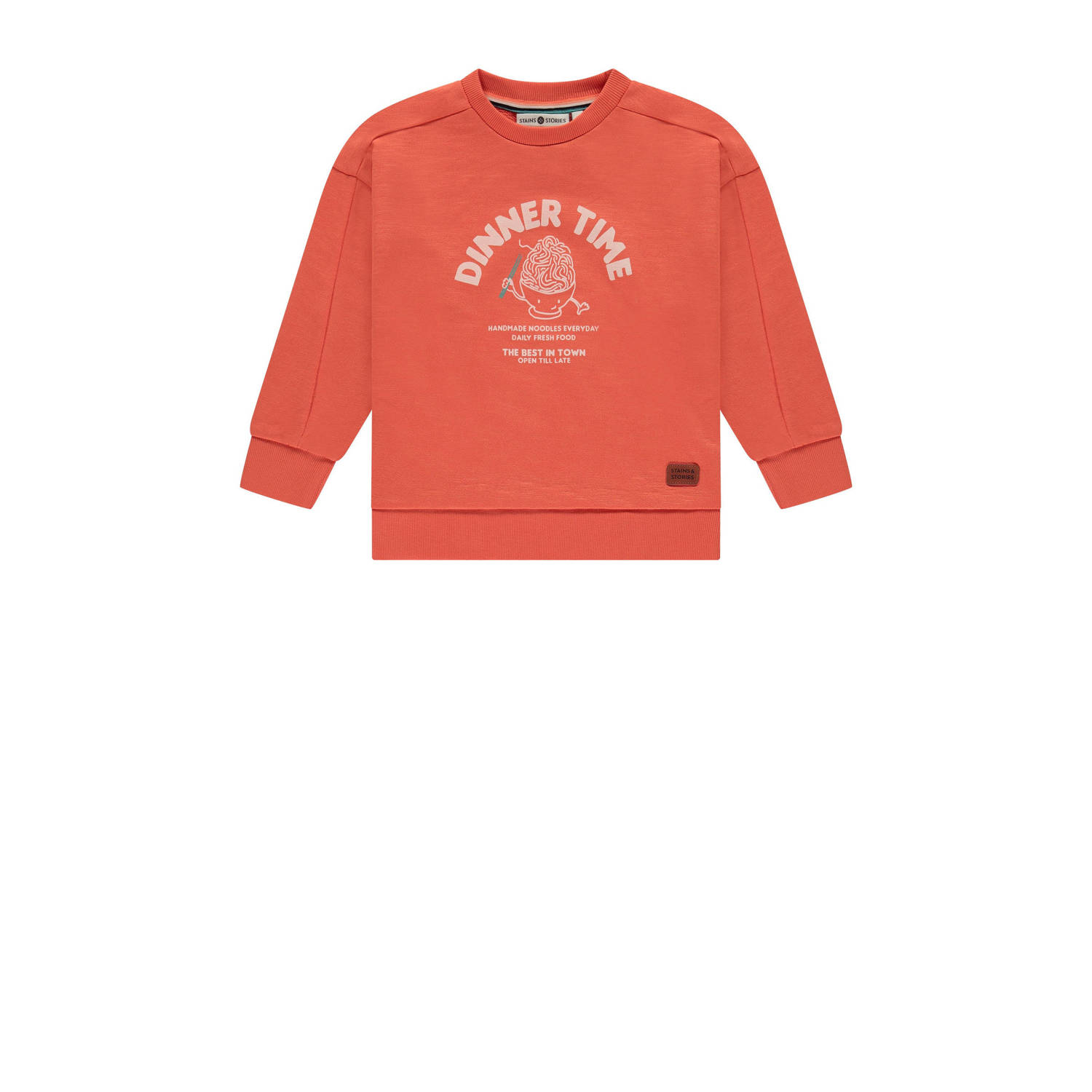 Stains&Stories sweater met printopdruk oranje Jongens Biologisch katoen Ronde hals 104