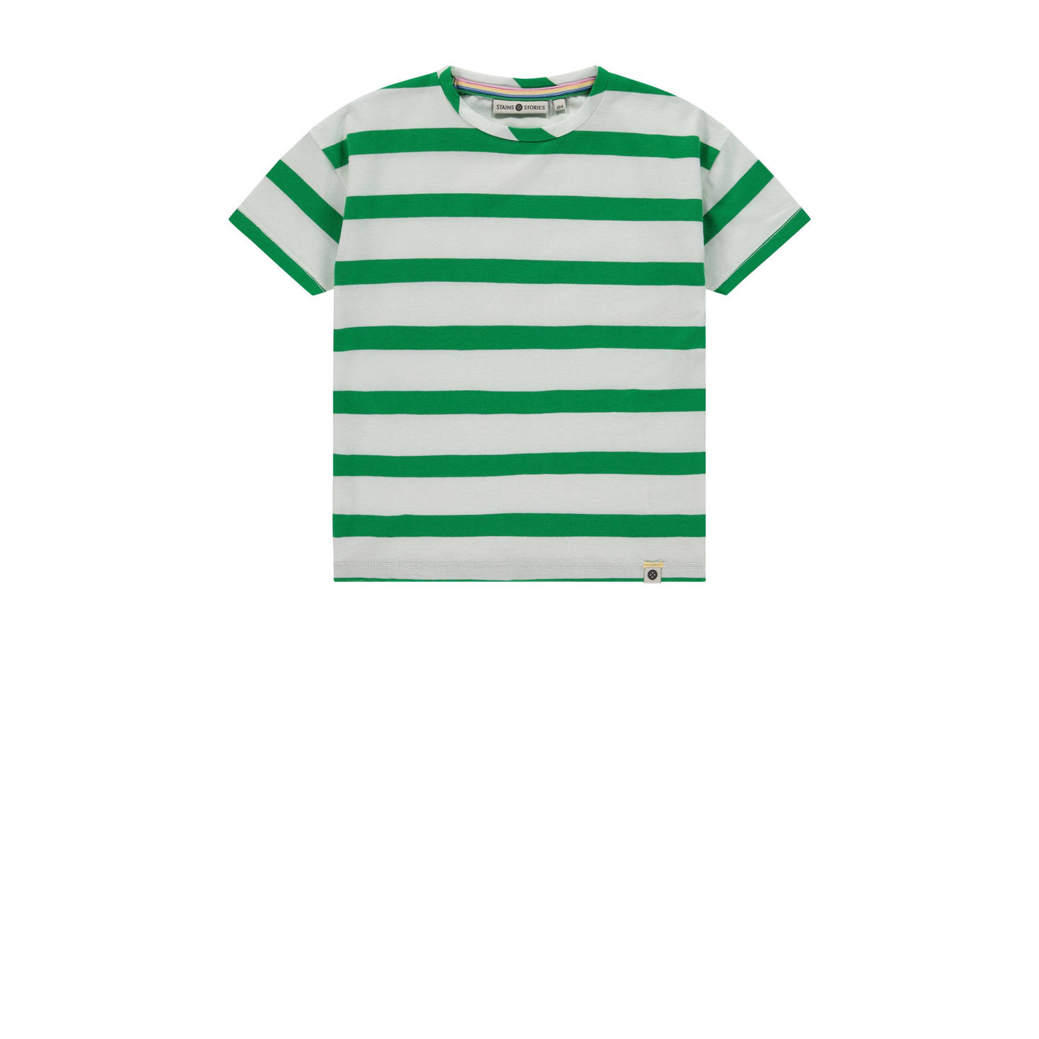 Stains&Stories gestreept T-shirt groen grijs Jongens Stretchkatoen Ronde hals 104