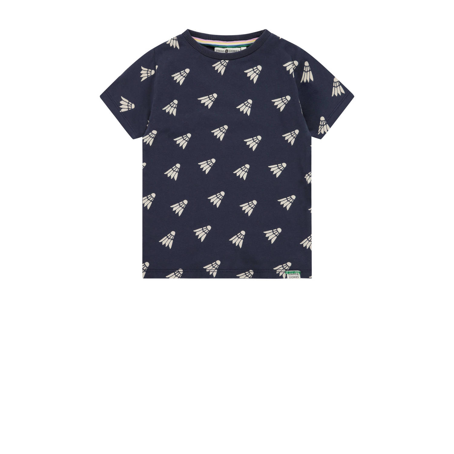 Stains&Stories T-shirt met all over print donkerblauw ecru Jongens Stretchkatoen Ronde hals 104
