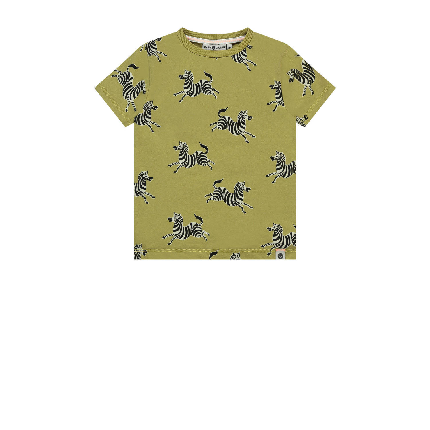 Stains&Stories T-shirt met all over print groen zwart Jongens Katoen Ronde hals 122