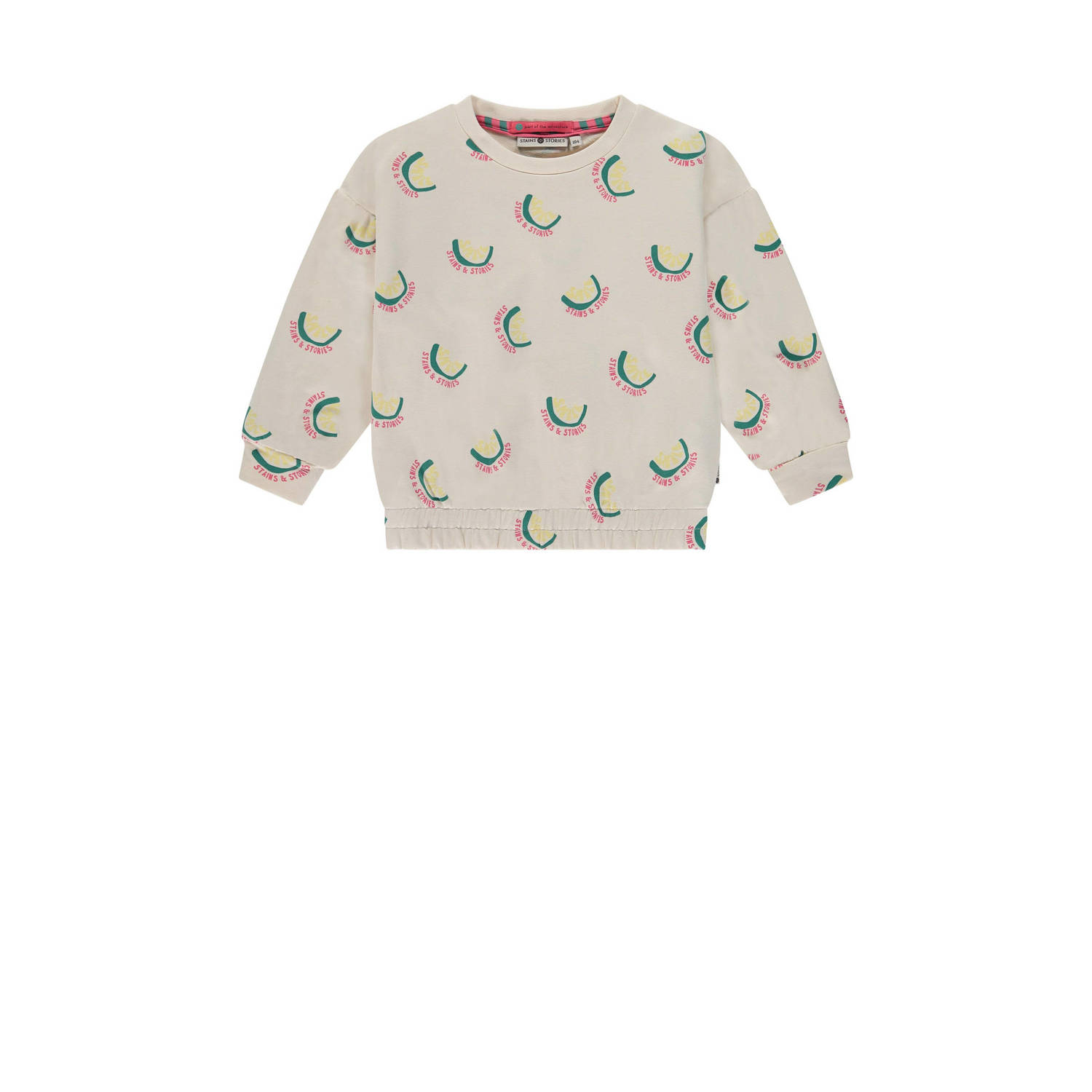 Stains&Stories sweater met all over print ecru groen geel Meisjes Katoen Ronde hals 104