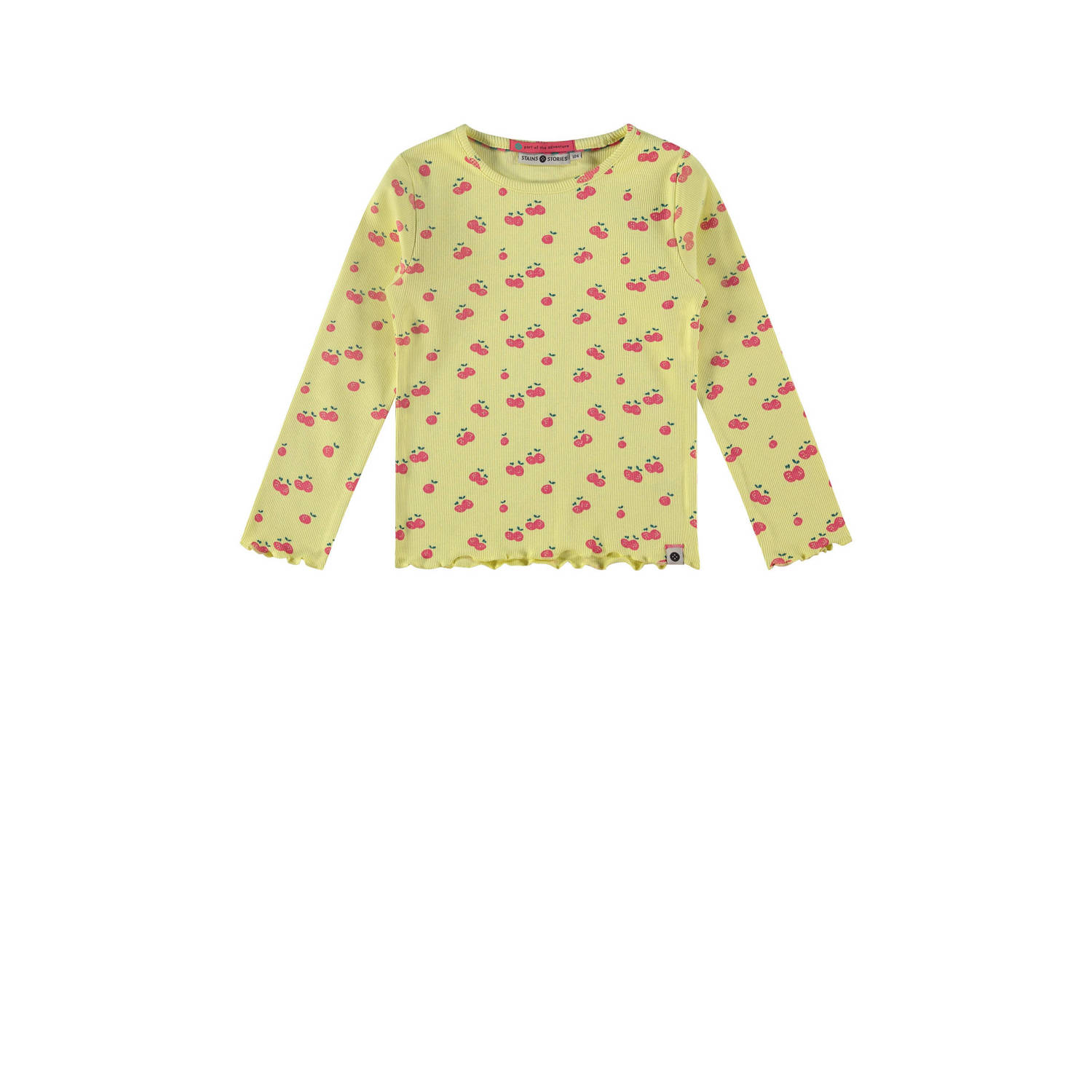 Stains&Stories longsleeve met fruitprint lichtgeel roze Meisjes Biologisch katoen Ronde hals 104