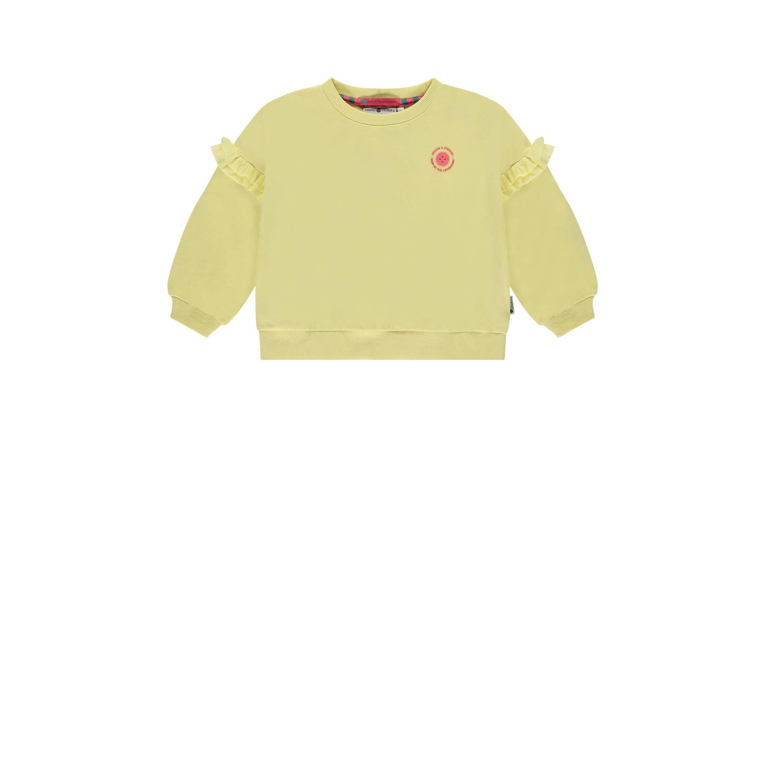 Stains&Stories sweater met printopdruk en ruches lichtgeel roze Meisjes Biologisch katoen Ronde hals 140