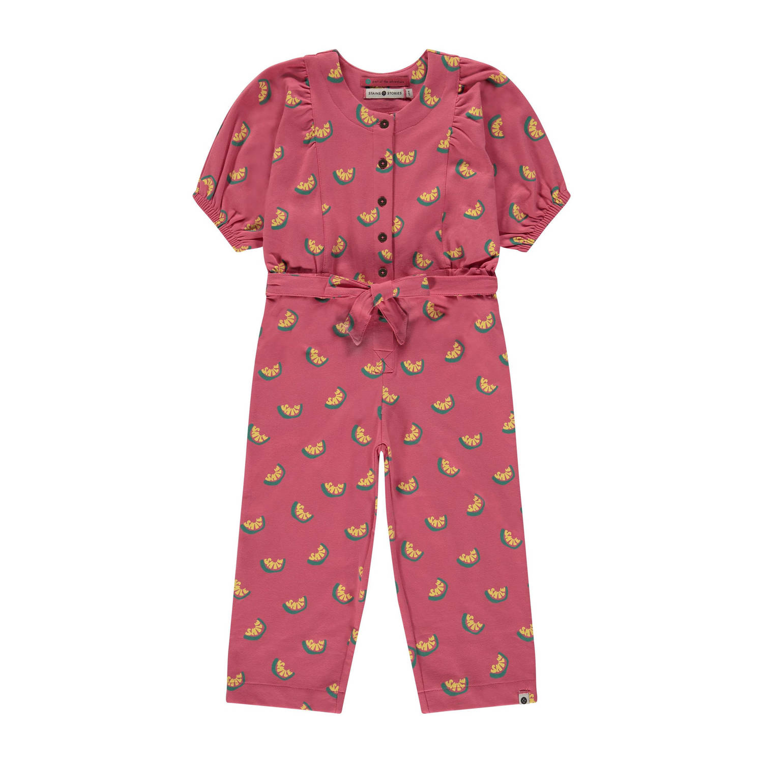 Stains&Stories jumpsuit met all over print donkerroze geel groen Meisjes Stretchkatoen Ronde hals 104