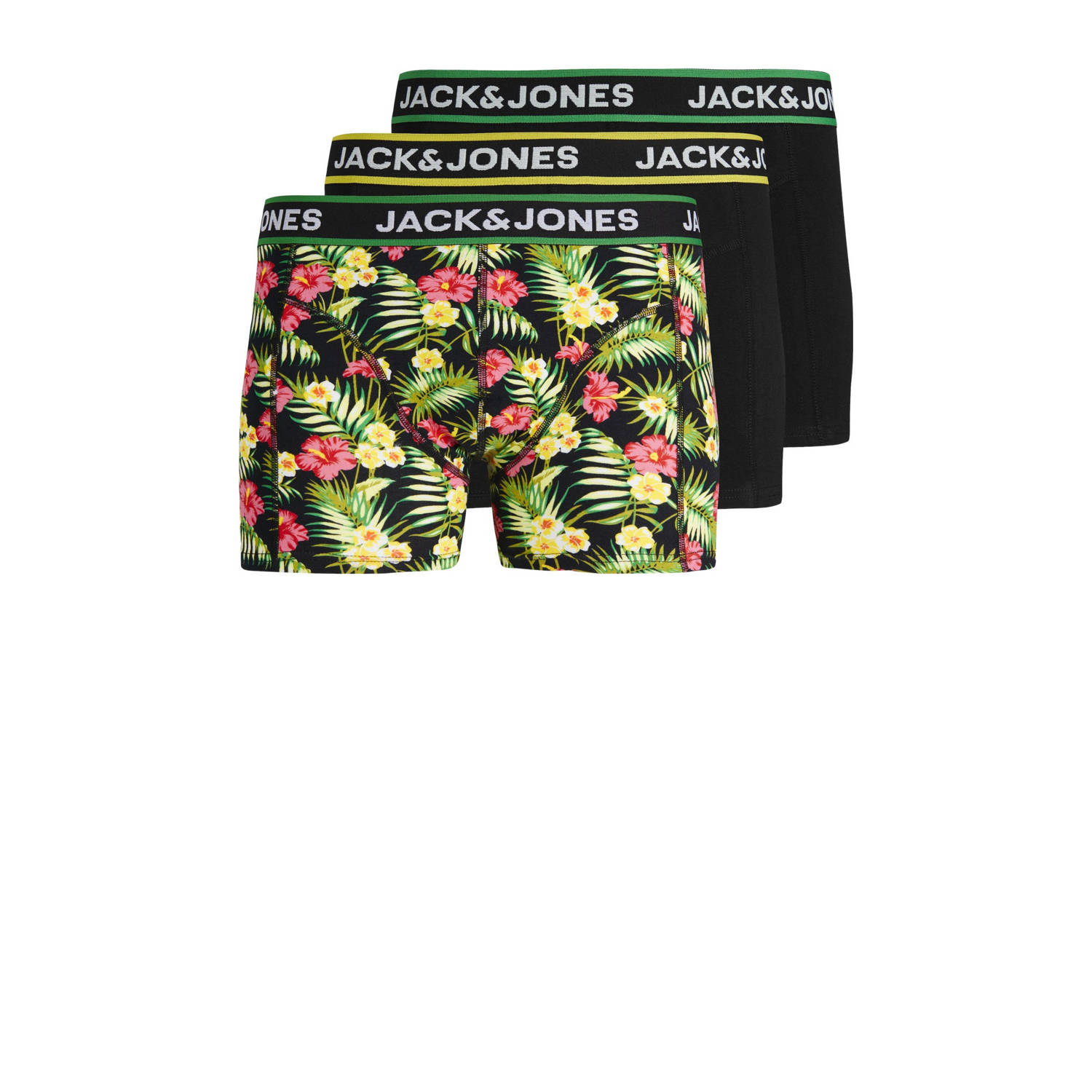 Jack & jones JUNIOR boxershort JACPINK FLOWERS set van 3 zwart groen geel Jongens Stretchkatoen 128