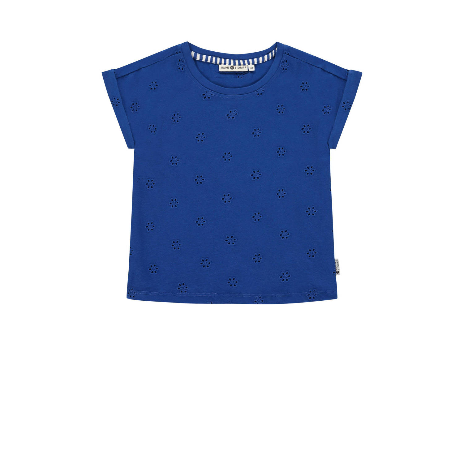 Stains&Stories gebloemd T-shirt helderblauw Meisjes Stretchkatoen Ronde hals 110