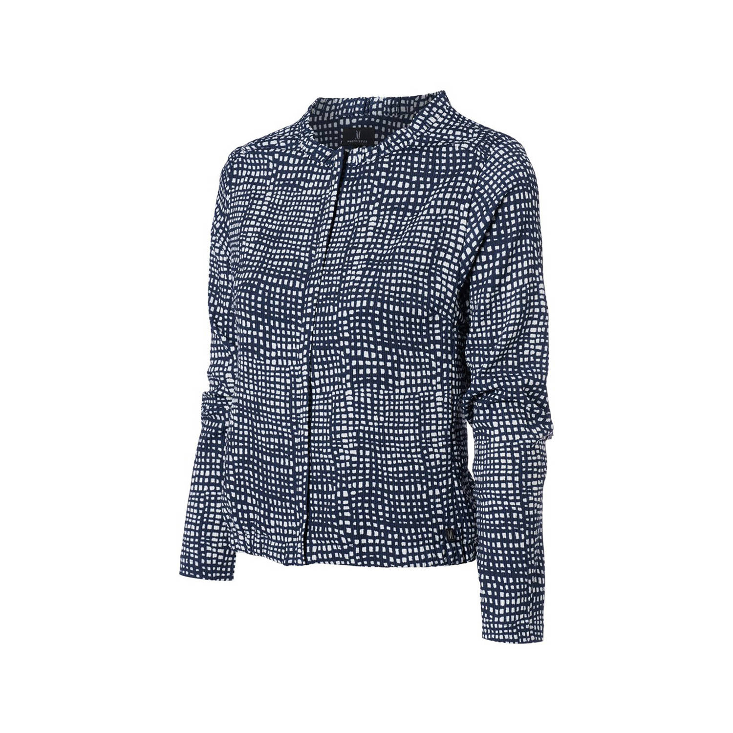 Mart Visser rechtvallende blazer Vivian met all over print en ruches donkerblauw wit